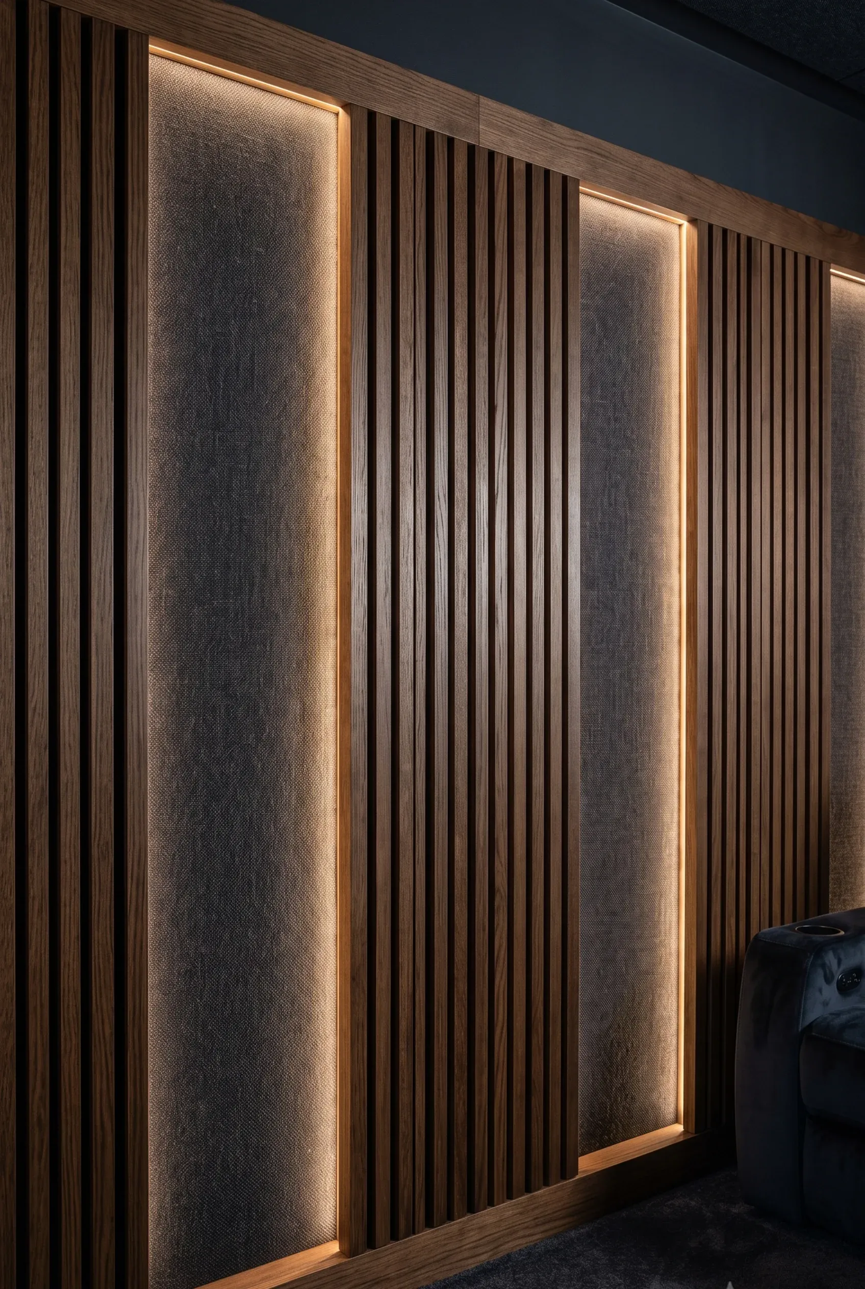 Pared interior moderna con paneles de listones de madera verticales, iluminación LED cálida integrada y acentos oscuros texturizados, diseño de interiores de RBA Residences en Zapopan.
