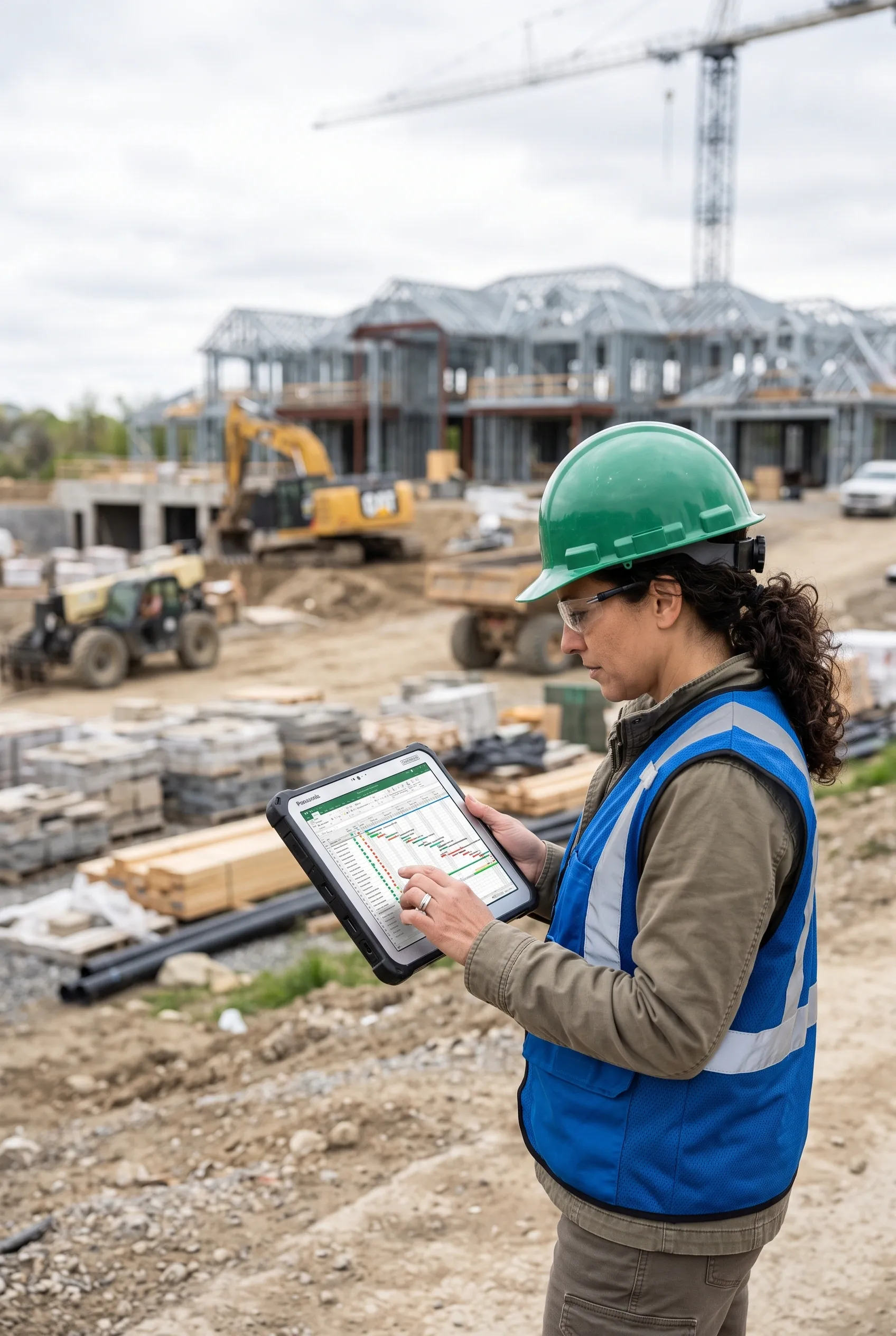 Gerente de construcción femenina con casco verde y chaleco de seguridad revisando cronogramas en una tableta resistente en una obra activa, gestión de proyectos de RBA Residences en Zapopan.