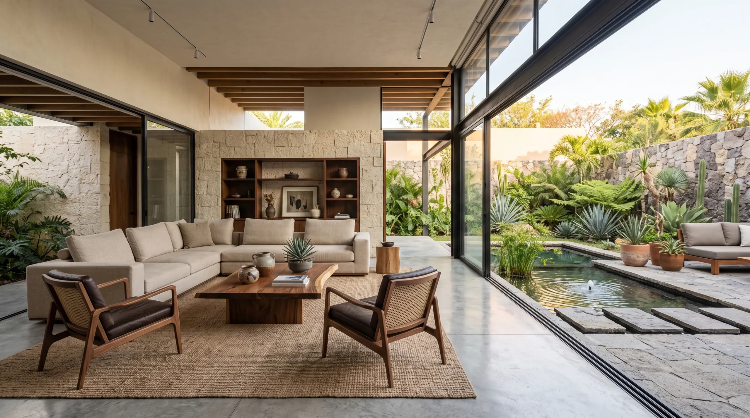 Sala de estar moderna y espaciosa con puertas de vidrio de piso a techo que se abren a un patio exterior con estanque de reflexión y paisajismo tropical, diseño interior-exterior de RBA Residences en Zapopan.