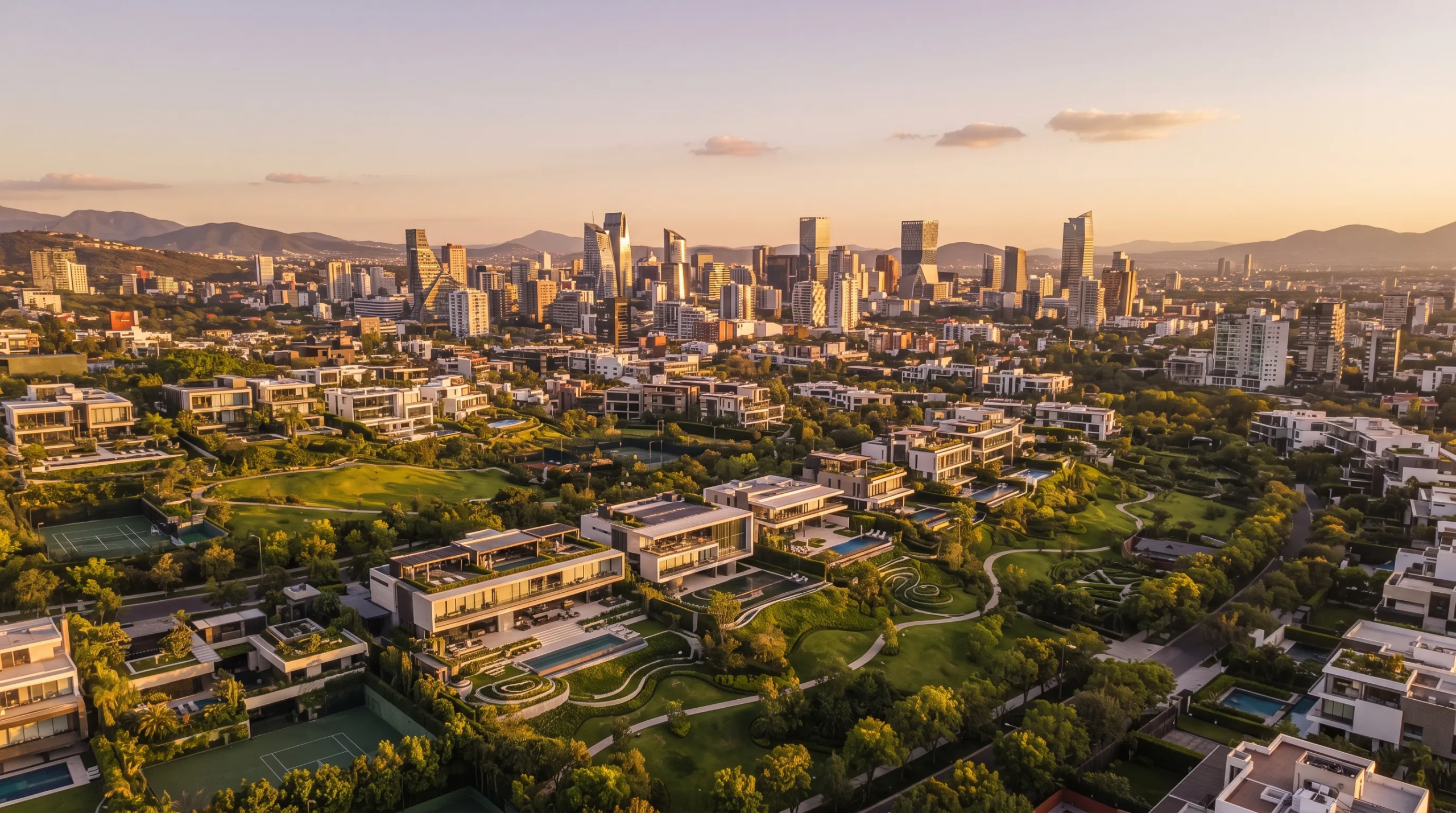 Vista aérea amplia de una comunidad residencial de lujo con villas modernas junto a espacios verdes exuberantes y vista al horizonte de la ciudad al atardecer, desarrollos exclusivos de RBA Residences en Zapopan.