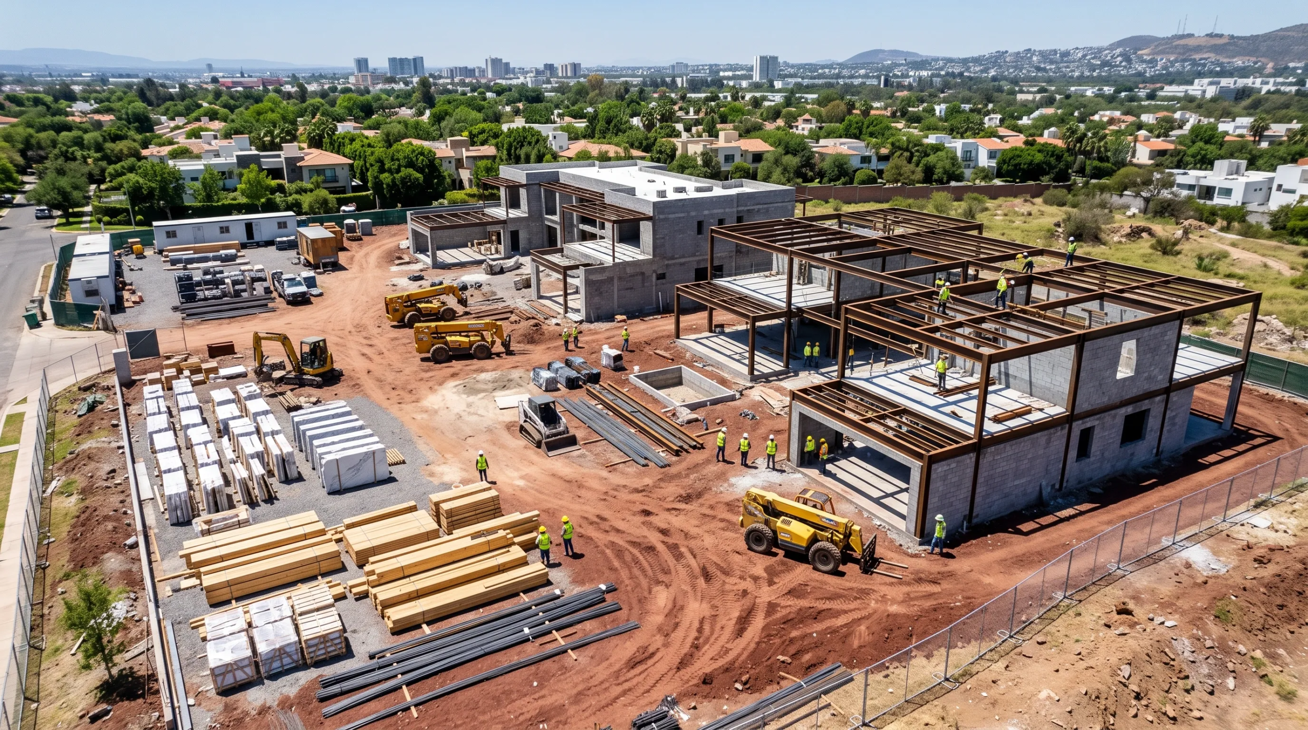 Vista aérea de sitio de construcción activo con estructuras de acero, áreas de acopio de materiales, maquinaria pesada y trabajadores con chalecos de alta visibilidad, logística de obra de RBA Residences en Zapopan.
