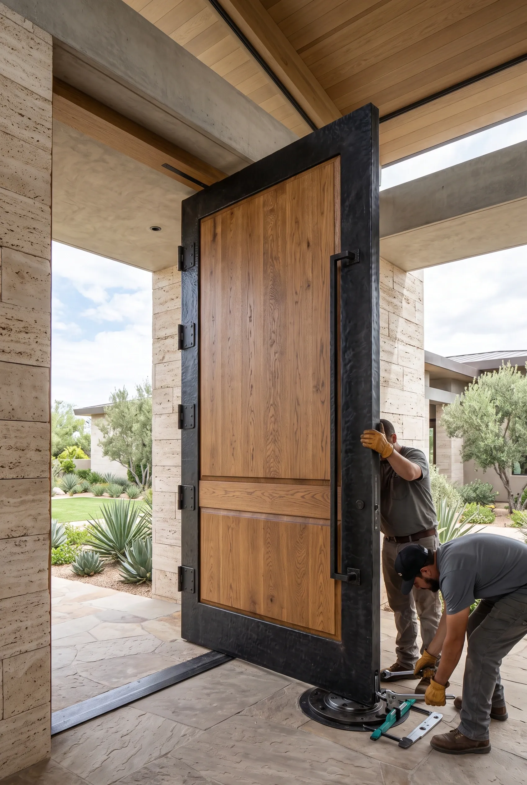 Técnicos instalando y ajustando herrajes de pivote inferior en una gran puerta de entrada moderna de madera y metal, ingeniería de accesos de RBA Residences en Zapopan.