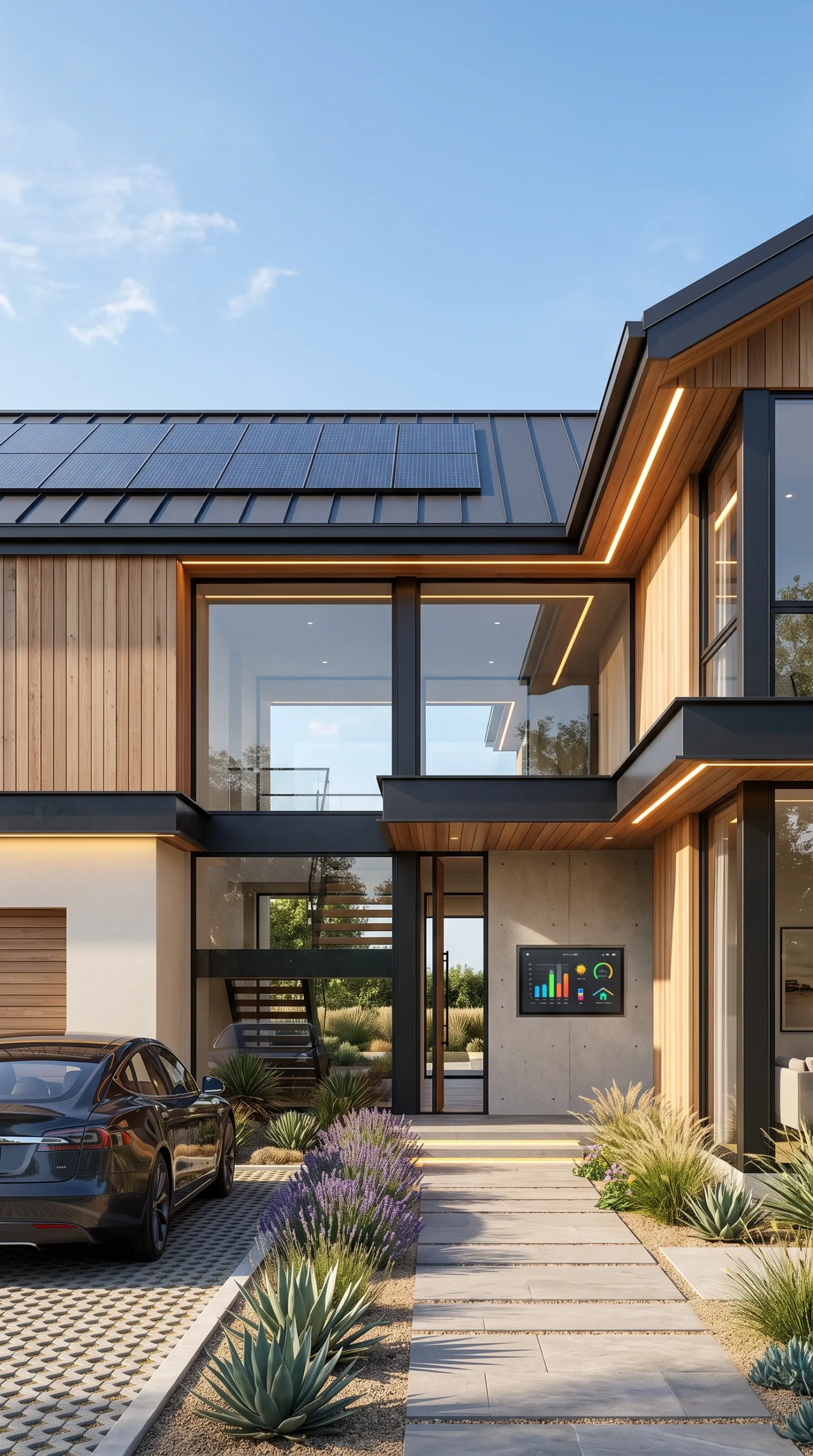 Casa de lujo sostenible moderna con paneles solares, iluminación LED cálida en revestimiento de madera y vigas de acero, control domótico en la entrada y vehículo eléctrico en camino de piedra permeable, eco-arquitectura de RBA Residences en Zapopan.