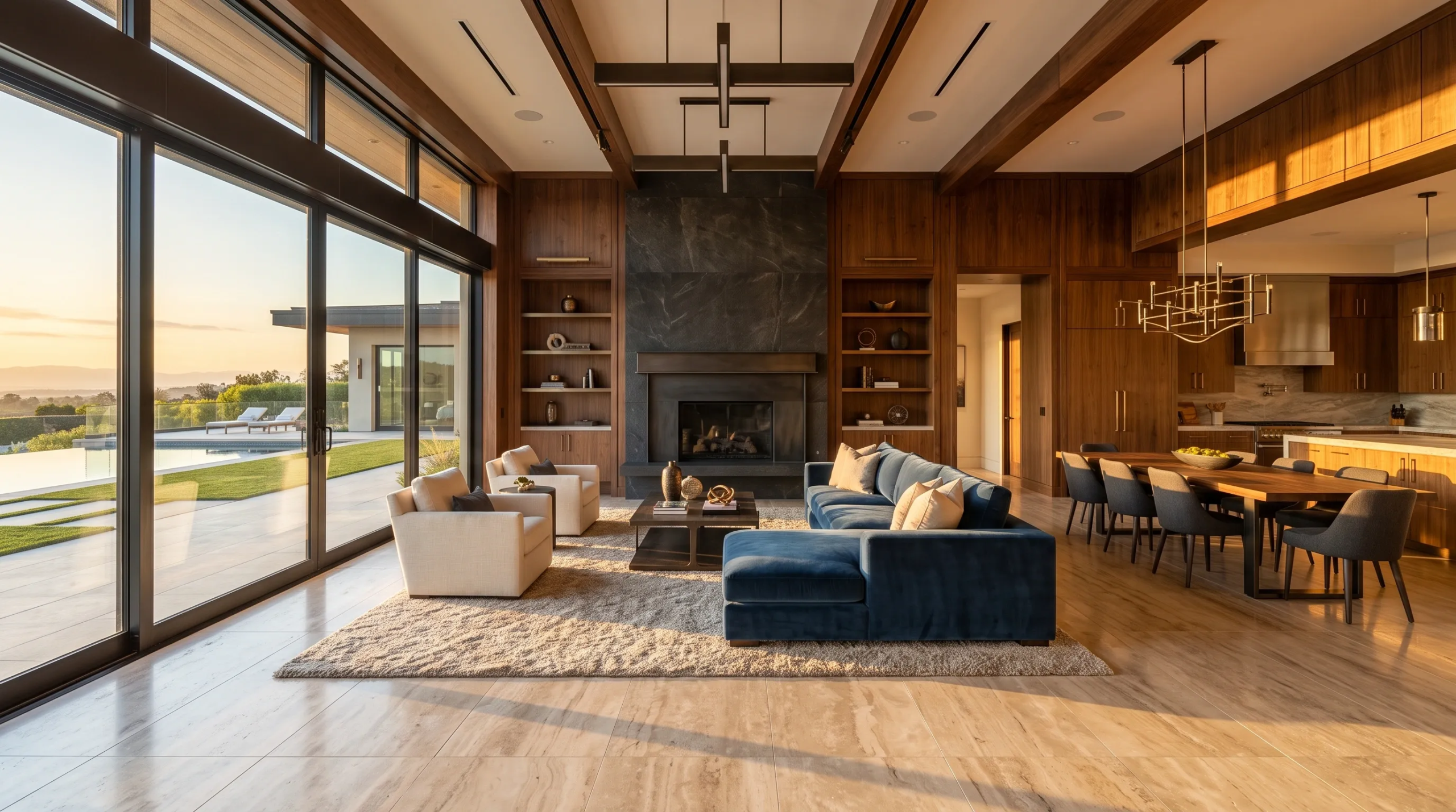 Residencia de lujo de concepto abierto con vigas de madera oscura, paneles de pared, estantería integrada alrededor de una chimenea de piedra negra, área de comedor y puertas corredizas de vidrio de piso a techo hacia patio y alberca al atardecer, diseño cálido de RBA Residences en Zapopan.