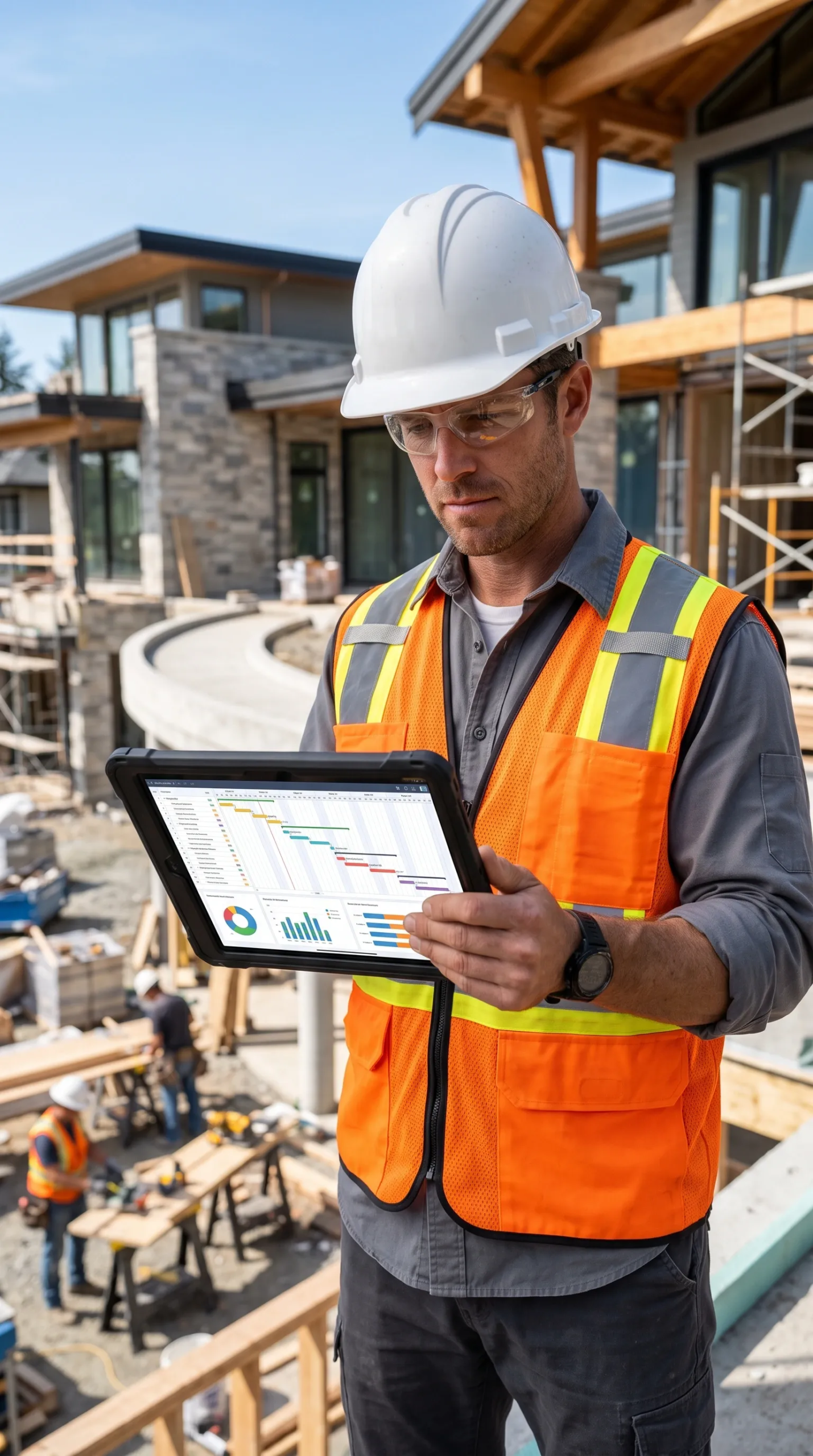 Gerente de proyecto de construcción con casco blanco, gafas de protección y chaleco de seguridad revisando cronogramas, diagramas de Gantt y métricas de recursos en una tableta resistente con vista a un sitio residencial activo, gestión estratégica de RBA Residences en Zapopan.