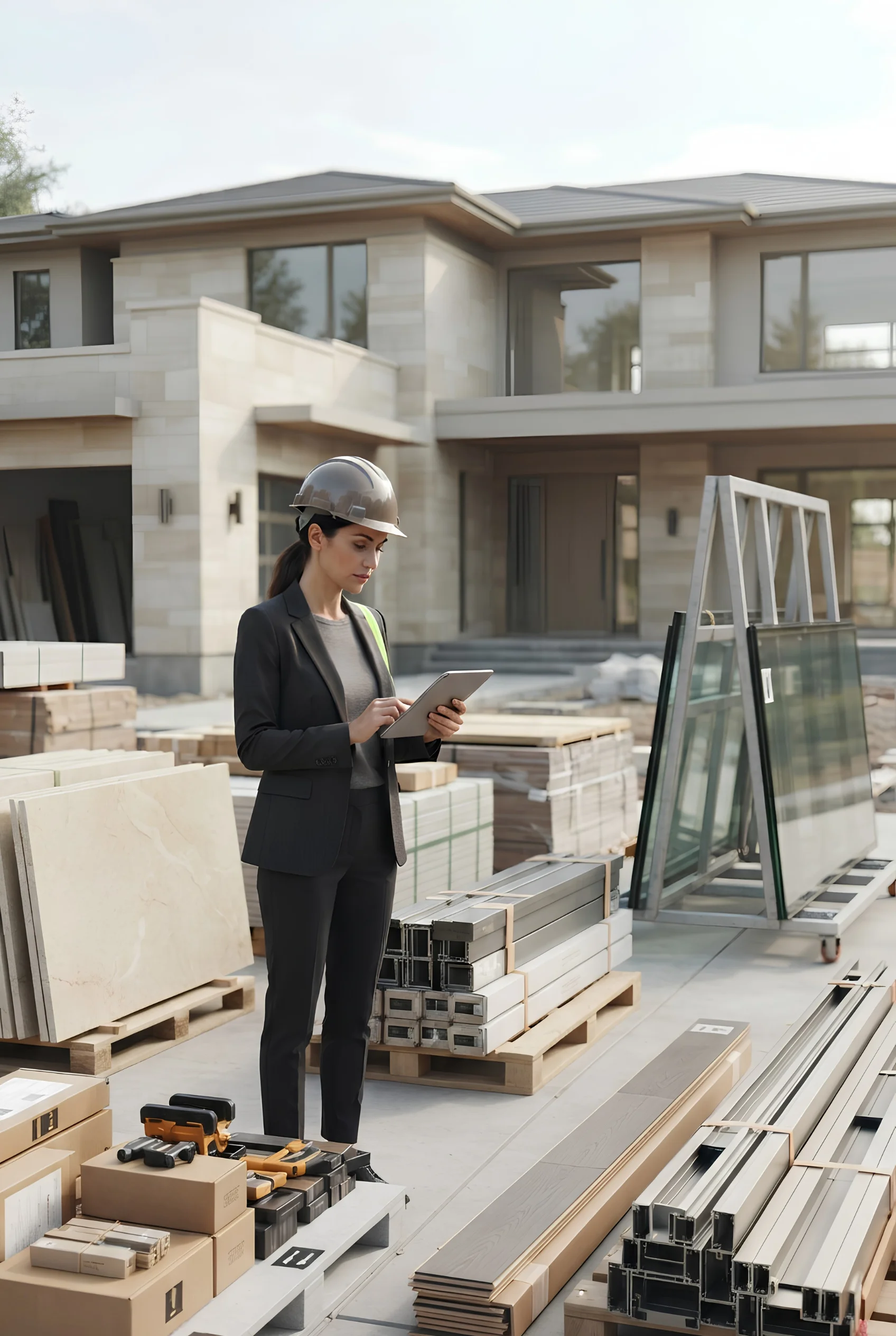 Arquitecto o gerente de proyecto con equipo de seguridad revisando inventario de materiales en una tableta, rodeado de tarimas de piedra y racks de vidrio en una obra residencial moderna, gesti&oacute;n de suministros de RBA Residences en Zapopan.
