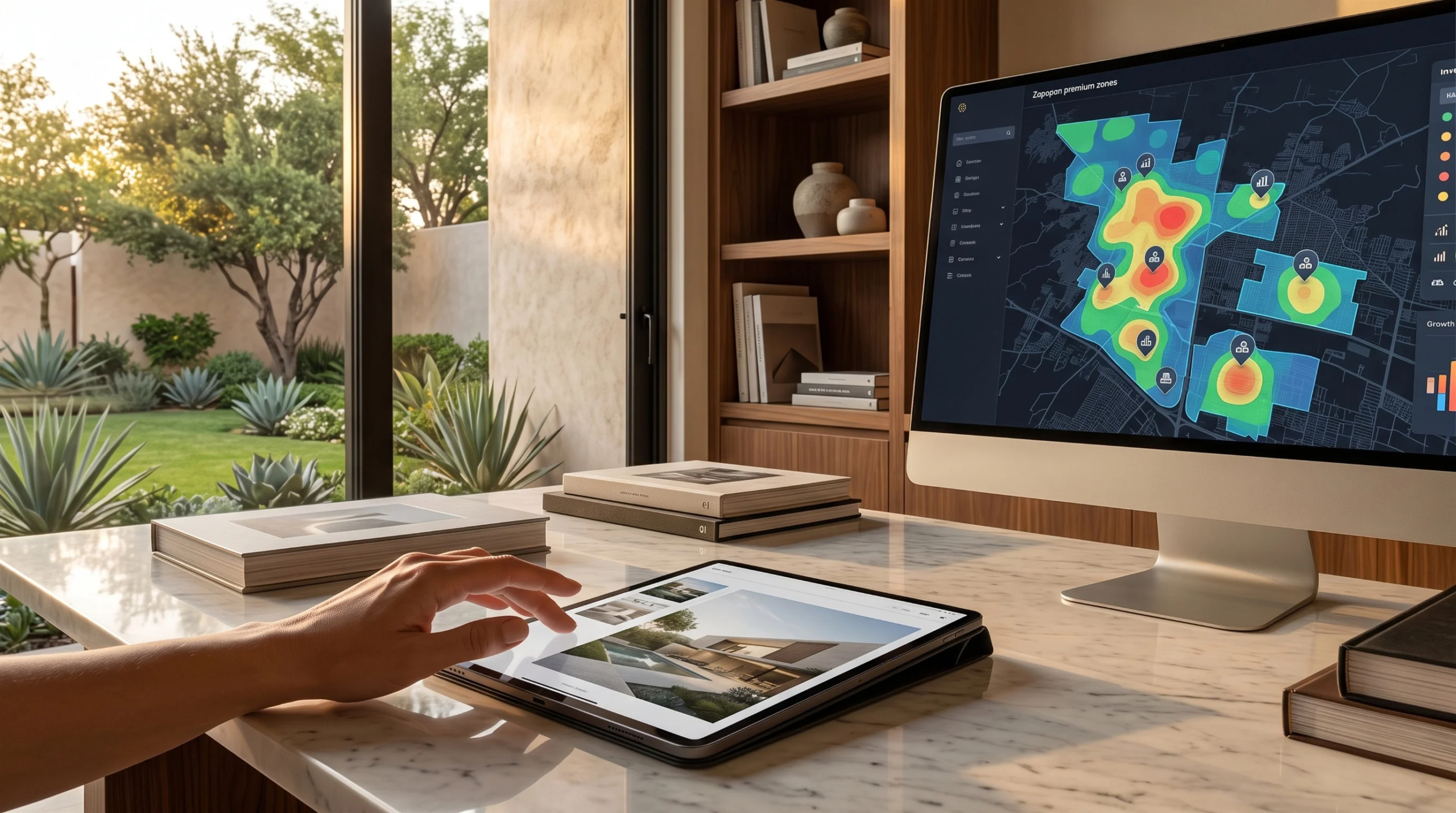 Vista de un monitor de escritorio mostrando un mapa de calor de an&aacute;lisis de sitio geogr&aacute;fico junto a una tableta digital con renderizados arquitect&oacute;nicos exteriores, sobre un escritorio de m&aacute;rmol blanco pulido. El espacio de trabajo incluye estanter&iacute;a de nogal con libros y cer&aacute;mica, revestimiento de muro de travertino y ventanas de vidrio con marco negro con vista a un patio de agaves soleado, inteligencia de ubicaci&oacute;n de RBA Residences en Zapopan.