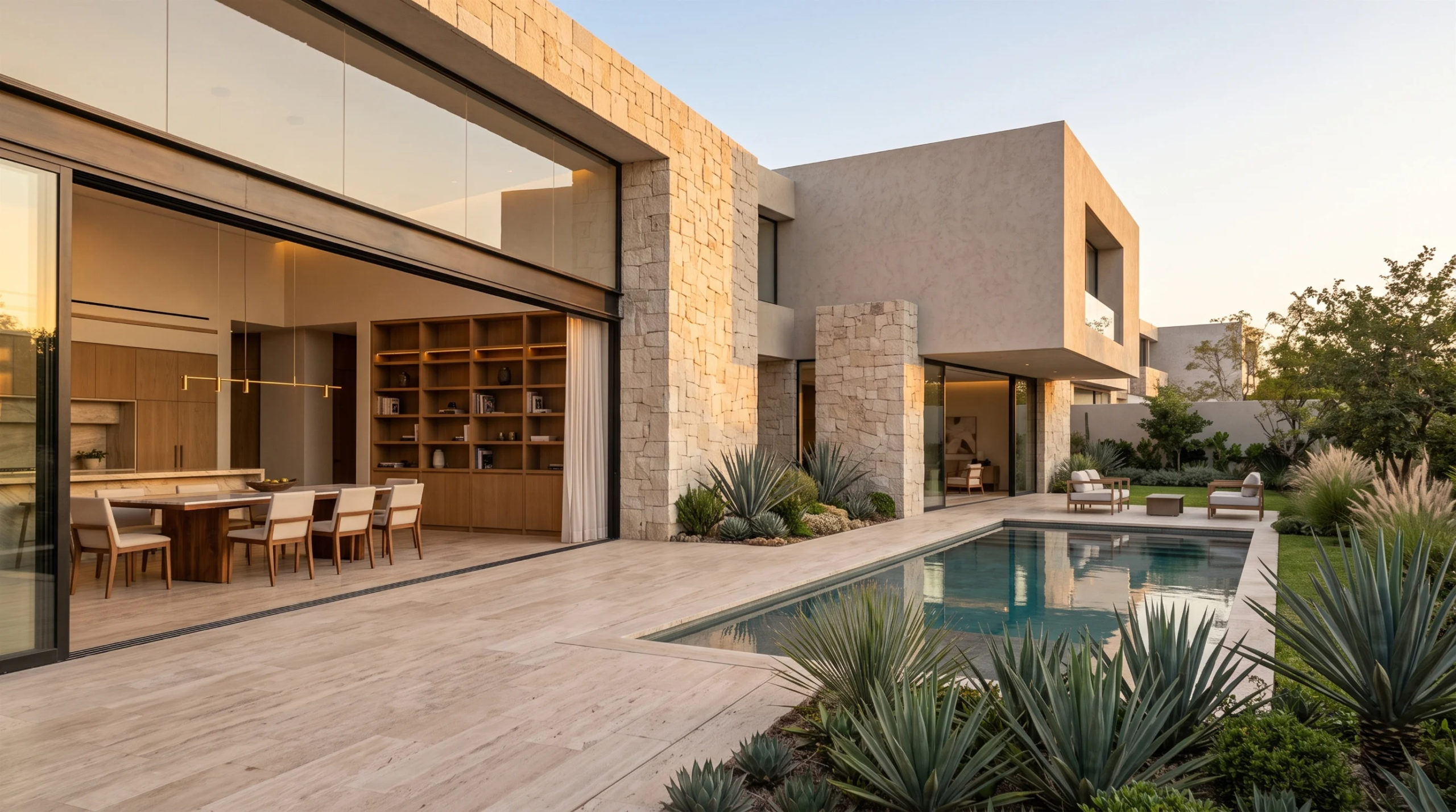 Vista exterior de una propiedad residencial moderna de lujo con vol&uacute;menes de muros de piedra seca apilada, fachadas de estuco beige liso y amplias puertas corredizas de vidrio con marco de metal negro que se abren a un comedor interior con carpinter&iacute;a de nogal. El patio de losetas de piedra se conecta a una alberca rectangular, c&eacute;sped cuidado, jardineras de agaves y paisajismo bajo la luz del atardecer, arquitectura exterior de RBA Residences en Zapopan.
