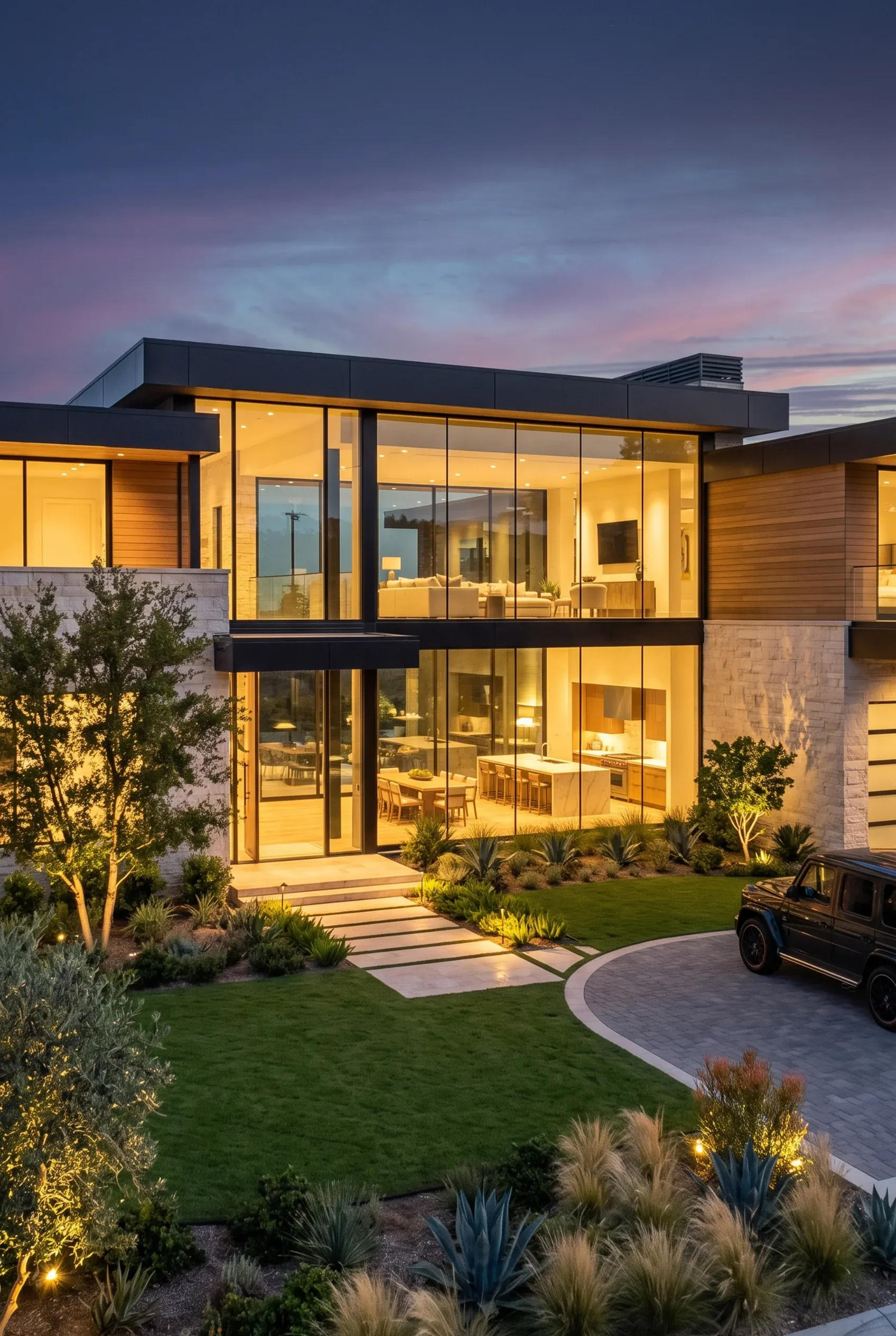 Residencia de lujo al atardecer con ventanales de piso a techo, iluminación interior cálida, césped paisajístico y entrada pavimentada, diseño de RBA Residences en Zapopan.