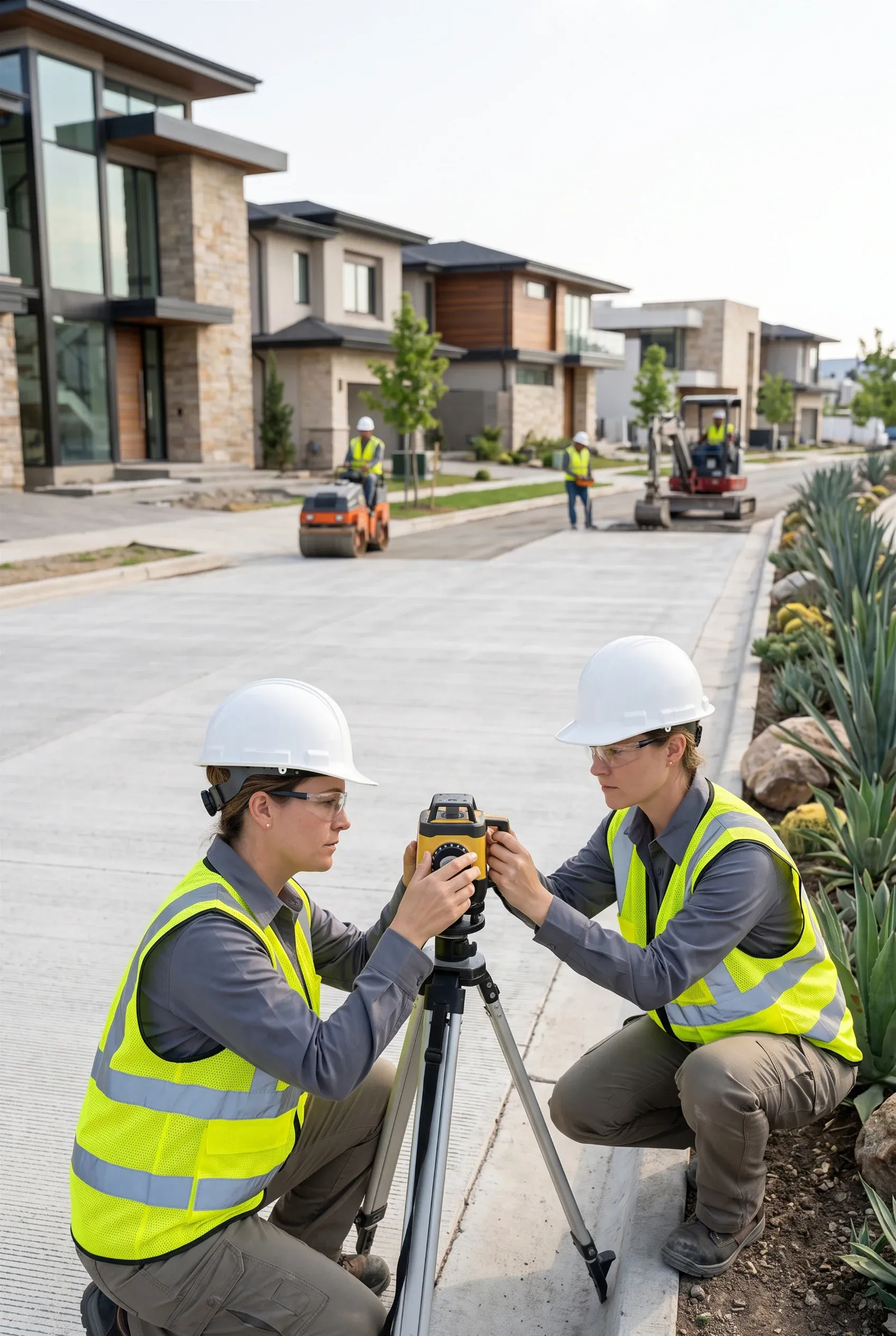 Topógrafos con cascos y chalecos de alta visibilidad operando un nivel láser digital sobre trípode a lo largo de una calle residencial recién pavimentada, con trabajadores y maquinaria de construcción al fondo, precisión topográfica de RBA Residences en Zapopan.