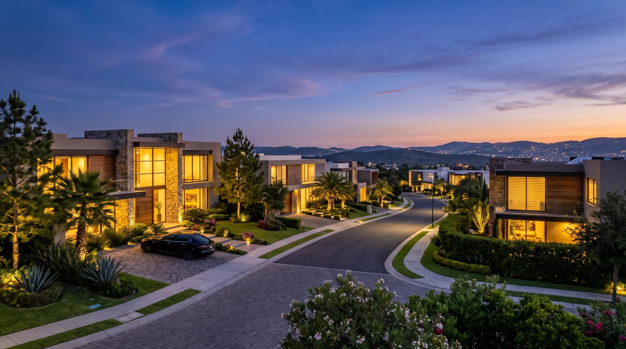 Vista elevada al atardecer de una calle residencial de lujo con casas modernas contemporáneas, iluminación interior cálida, jardines exuberantes, entradas pavimentadas y vista a las montañas, desarrollo de RBA Residences en Zapopan.