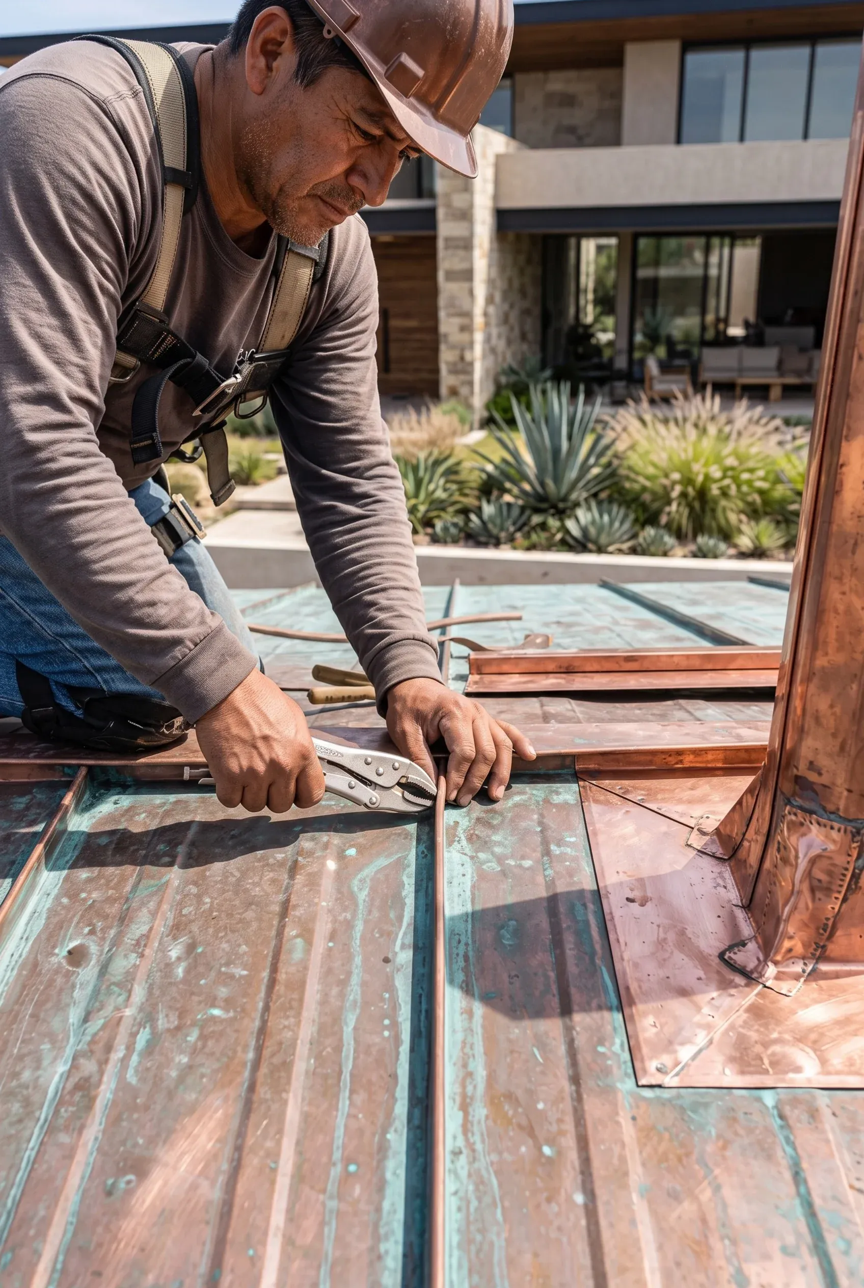 Trabajador usando herramientas especializadas para instalar techo de cobre con costuras verticales en una residencia, artesanía en techumbres de RBA Residences en Zapopan.