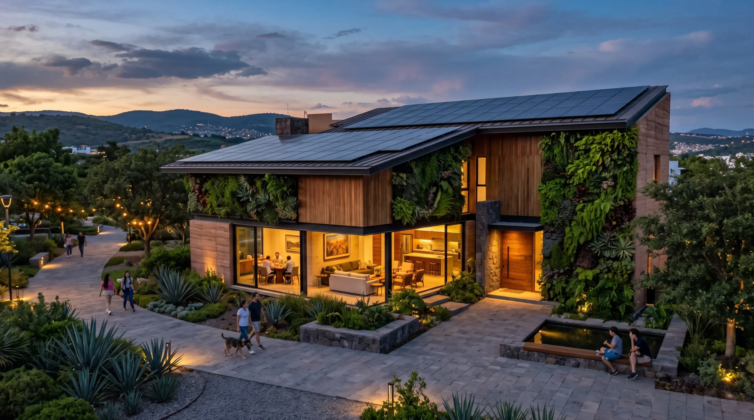 Vista crepuscular de casa de lujo ecológica con paneles solares, muros verdes, revestimiento de madera y personas caminando, diseño sustentable de RBA Residences en Zapopan.