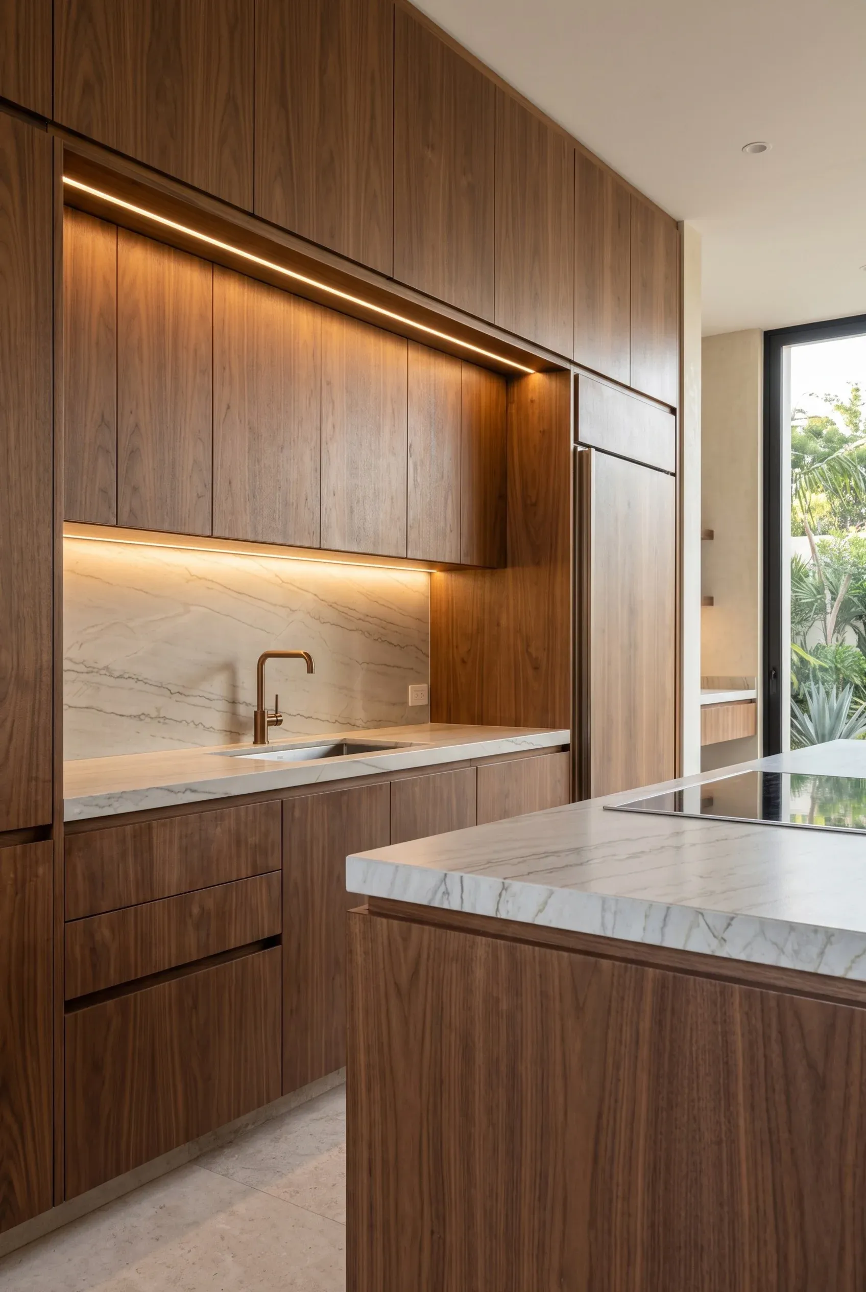 Interior de cocina moderna con iluminación cálida bajo gabinetes, carpintería de madera, encimeras de mármol claro e isla central, diseño de RBA Residences en Zapopan.