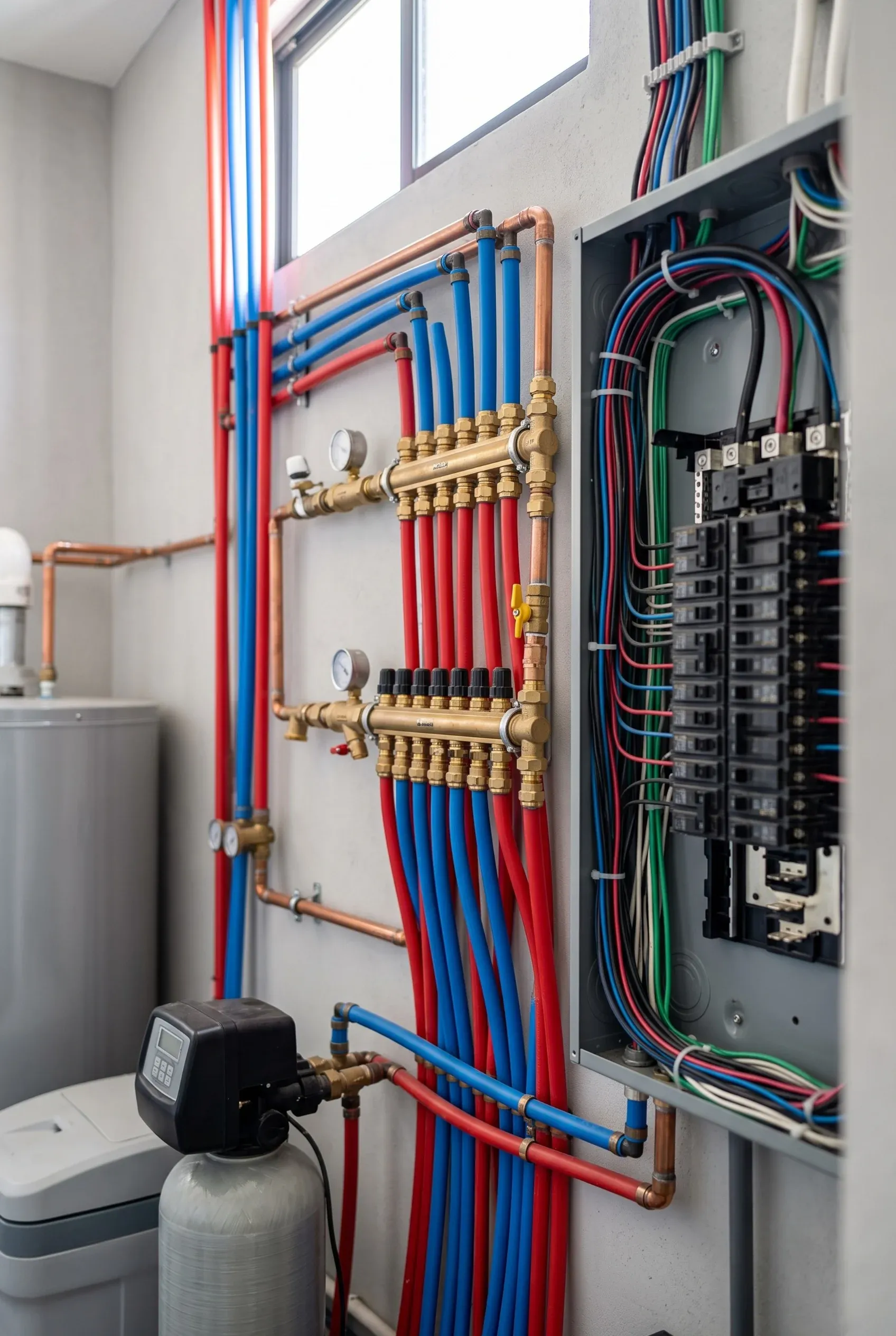 Cuarto de máquinas ordenado con sistema múltiple de plomería PEX rojo y azul junto a un panel eléctrico abierto, ingeniería MEP de RBA Residences en Zapopan.
