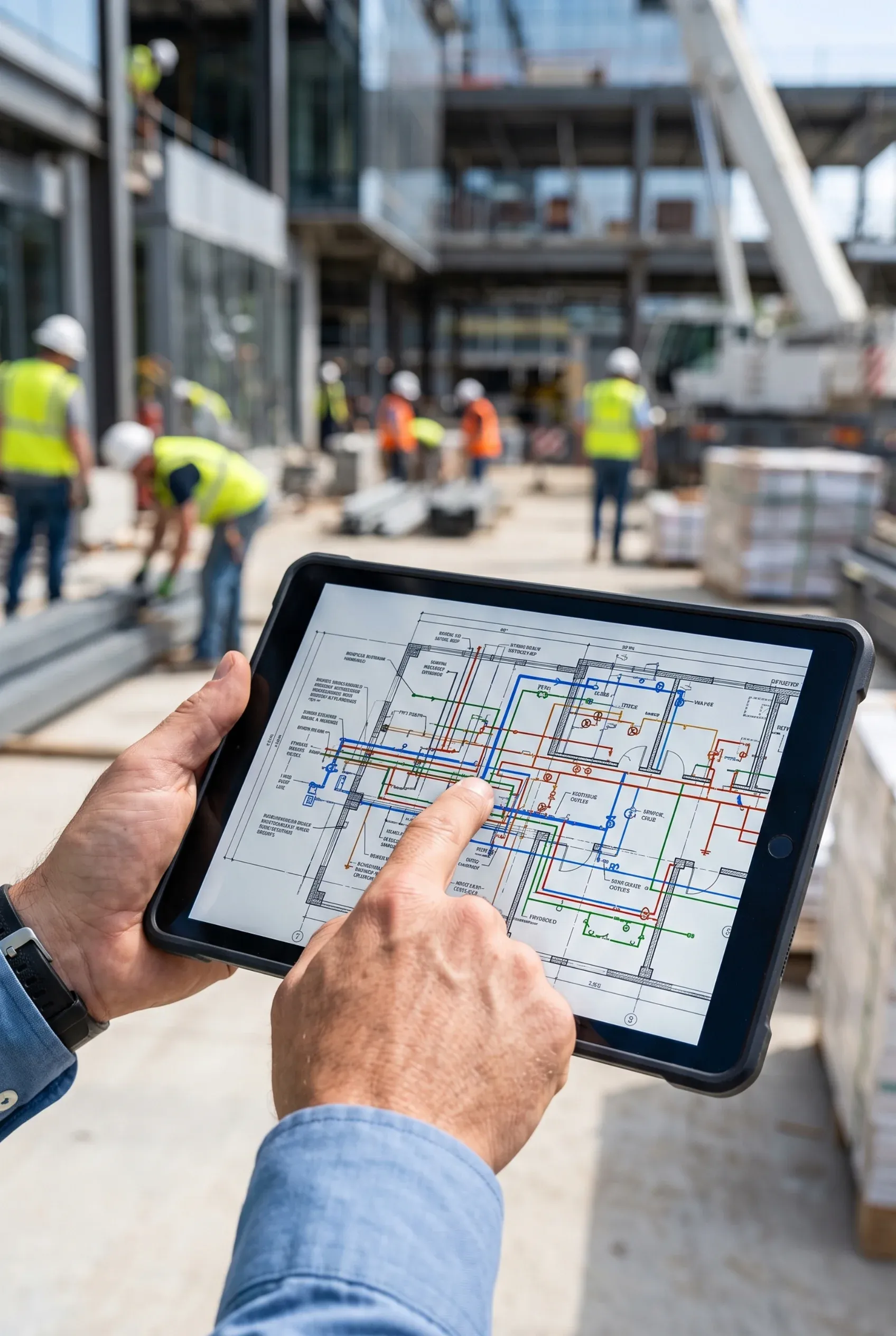 Gerente de construcción mostrando planos digitales MEP en una tablet con obra activa de fondo, gestión de proyecto de RBA Residences en Zapopan.