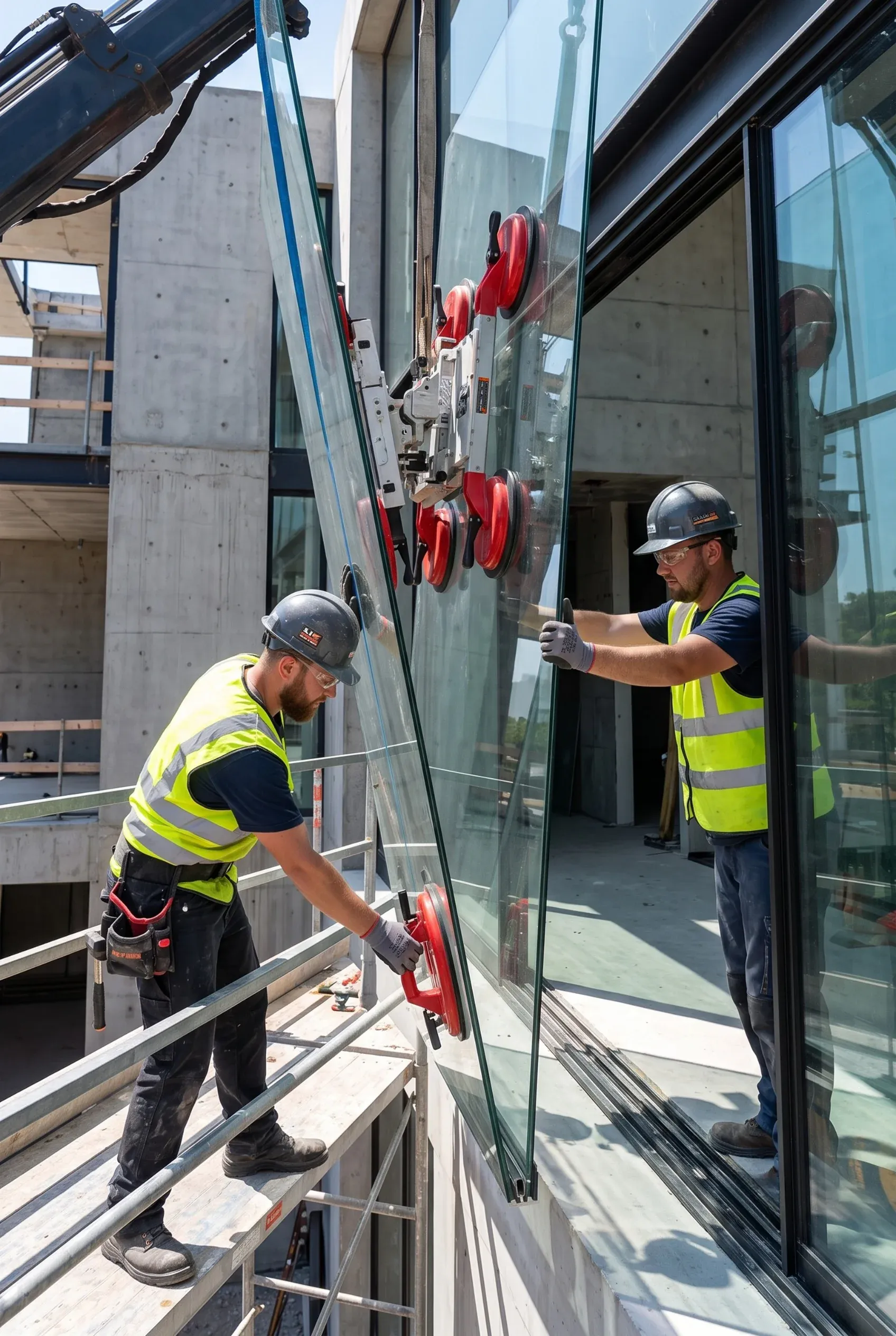 Trabajadores instalando un gran panel de vidrio con ventosas industriales en un sitio de construcción, instalación de precisión de RBA Residences en Zapopan.