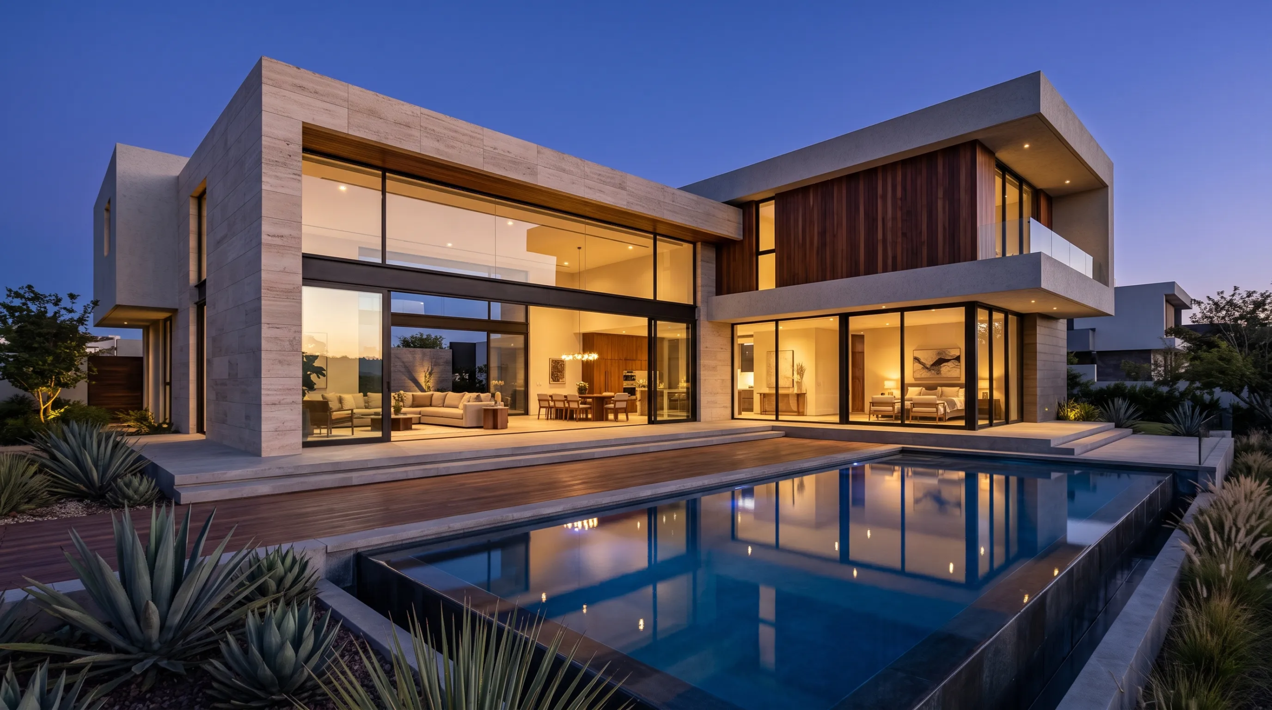 Vista crepuscular de casa de lujo moderna con puertas corredizas de vidrio, revestimiento de piedra, iluminación cálida, deck de madera y alberca infinity con paisajismo desértico, arquitectura de RBA Residences en Zapopan.