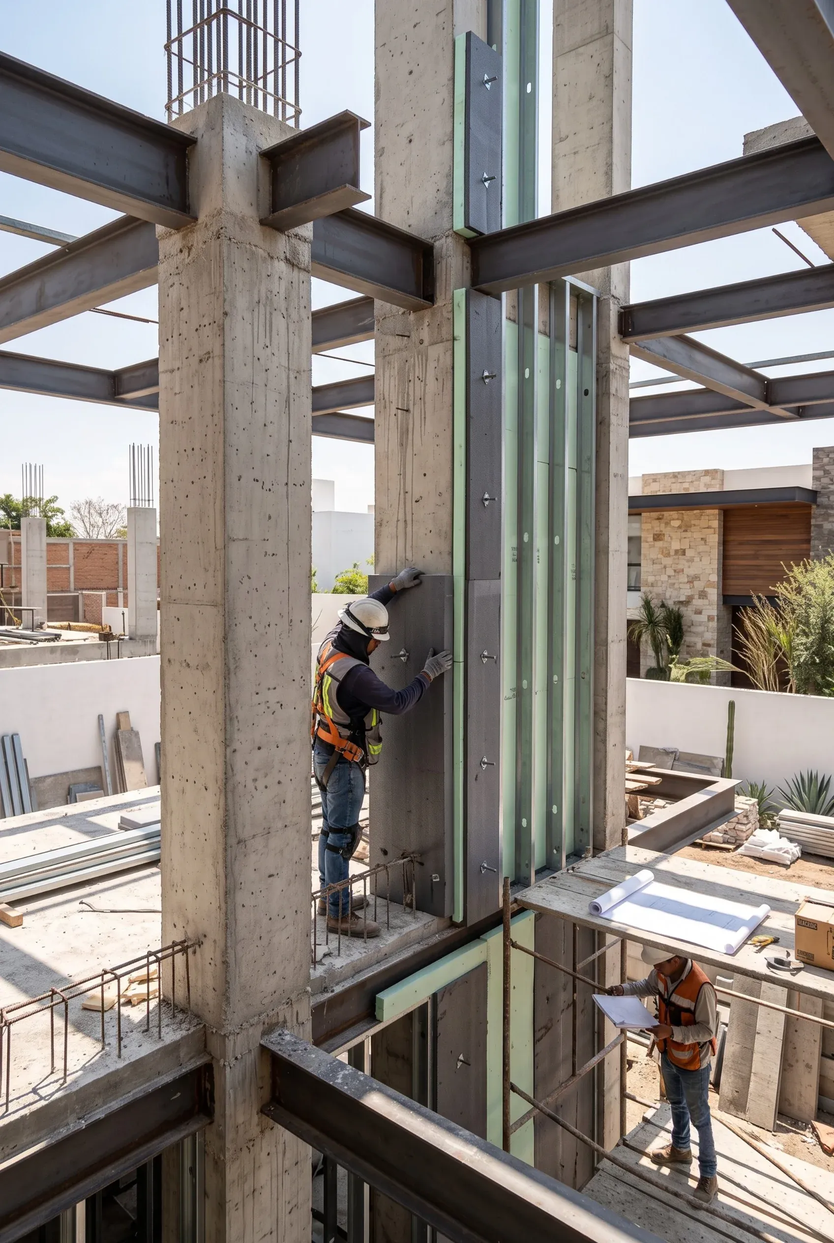 Trabajadores instalando paneles de aislamiento térmico en la estructura de un edificio, construcción de alto rendimiento de RBA Residences en Zapopan.
