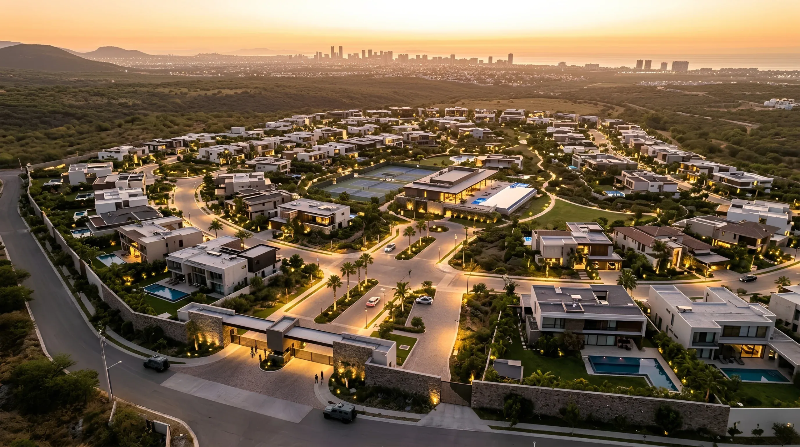 Vista aérea gran angular de comunidad privada planificada de lujo iluminada al atardecer, con villas modernas, albercas, club house central y caseta de entrada con horizonte urbano al fondo, visión integral de RBA Residences en Zapopan.