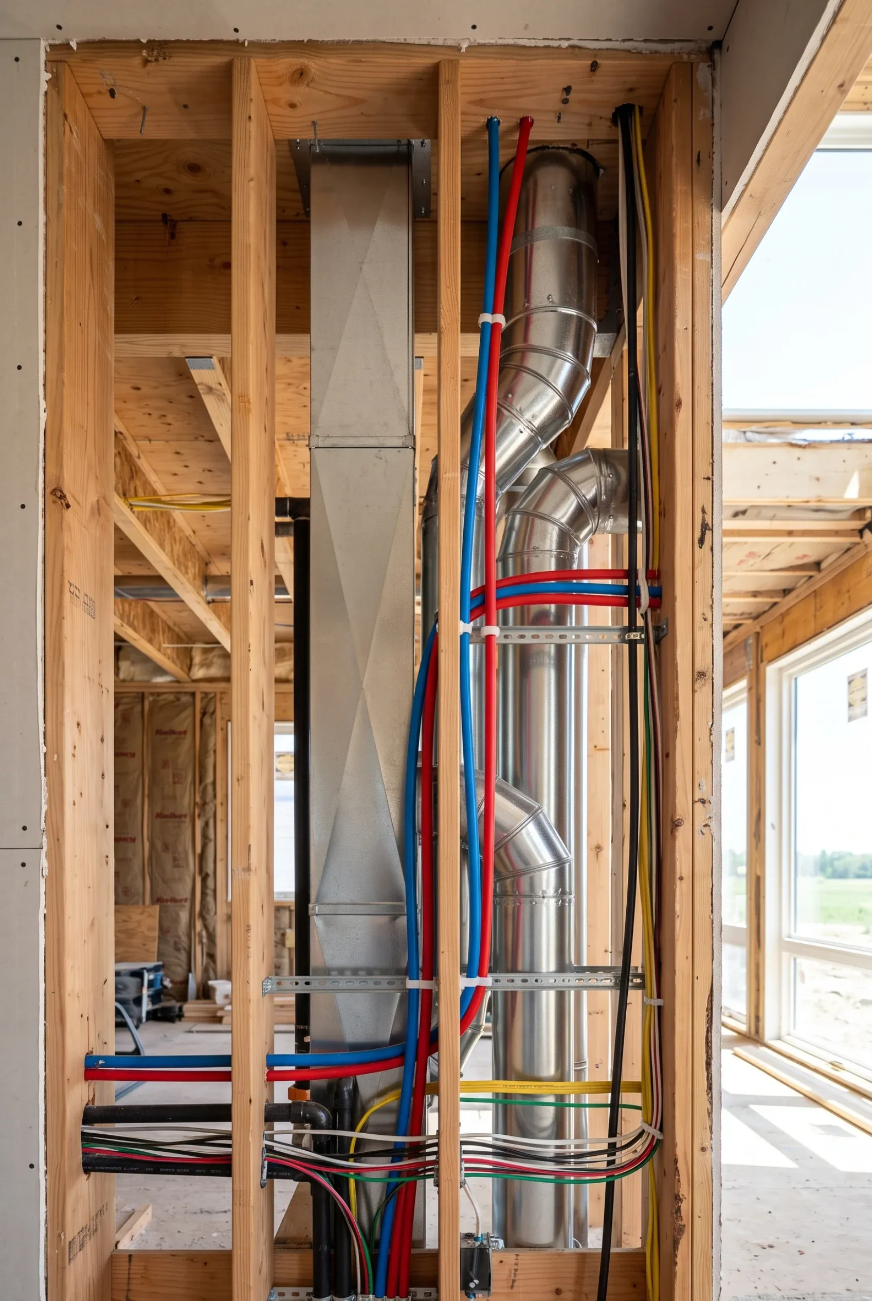Cavidad de muro expuesta en obra negra con tuberías PEX, ductos metálicos de HVAC y cableado eléctrico organizados dentro de un entramado de madera, instalaciones de RBA Residences en Zapopan.