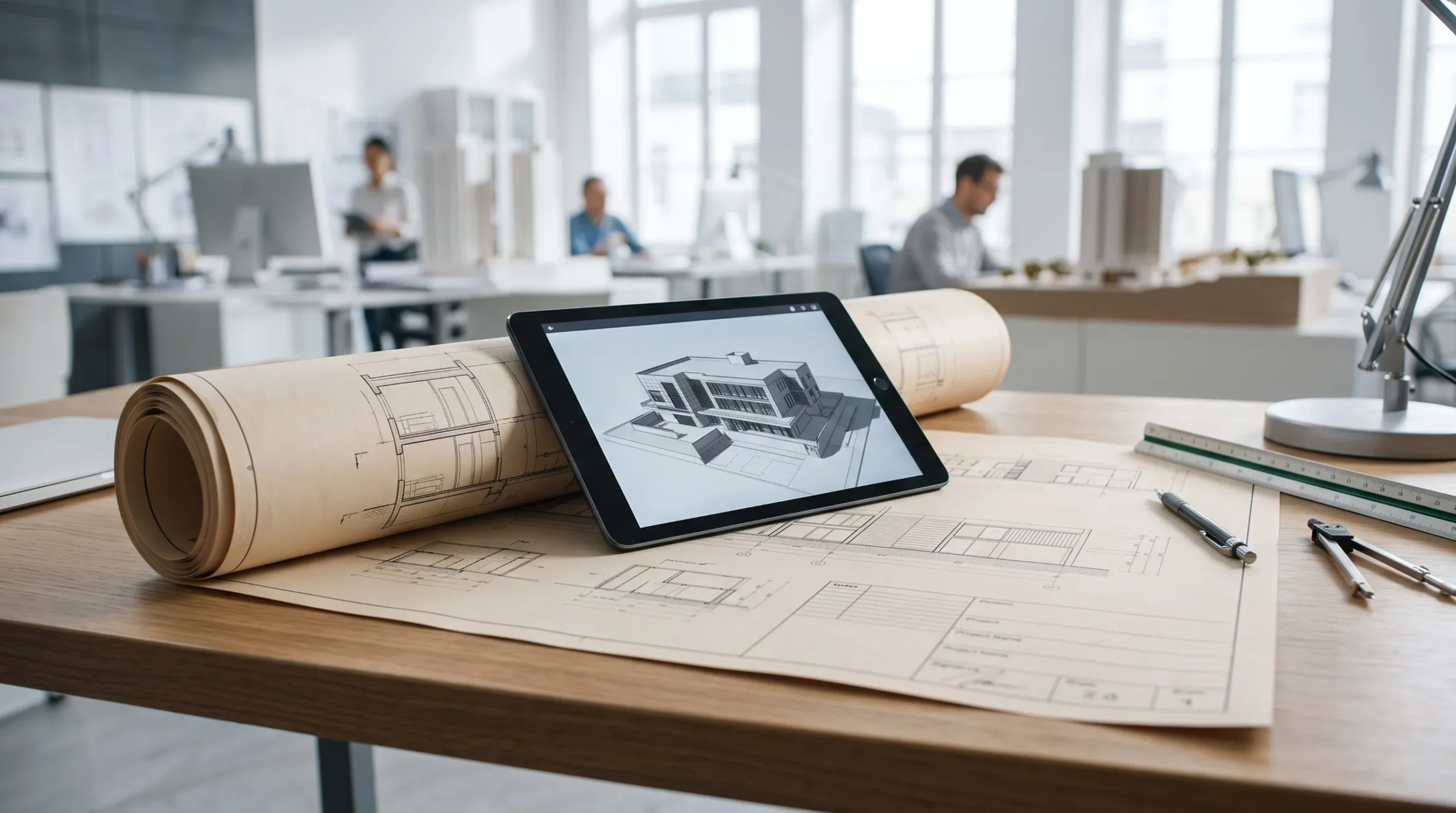 Planos arquitectónicos y blueprints enrollados en escritorio de madera junto a tablet con render 3D de edificio en estudio moderno, proceso de diseño de RBA Residences en Zapopan.