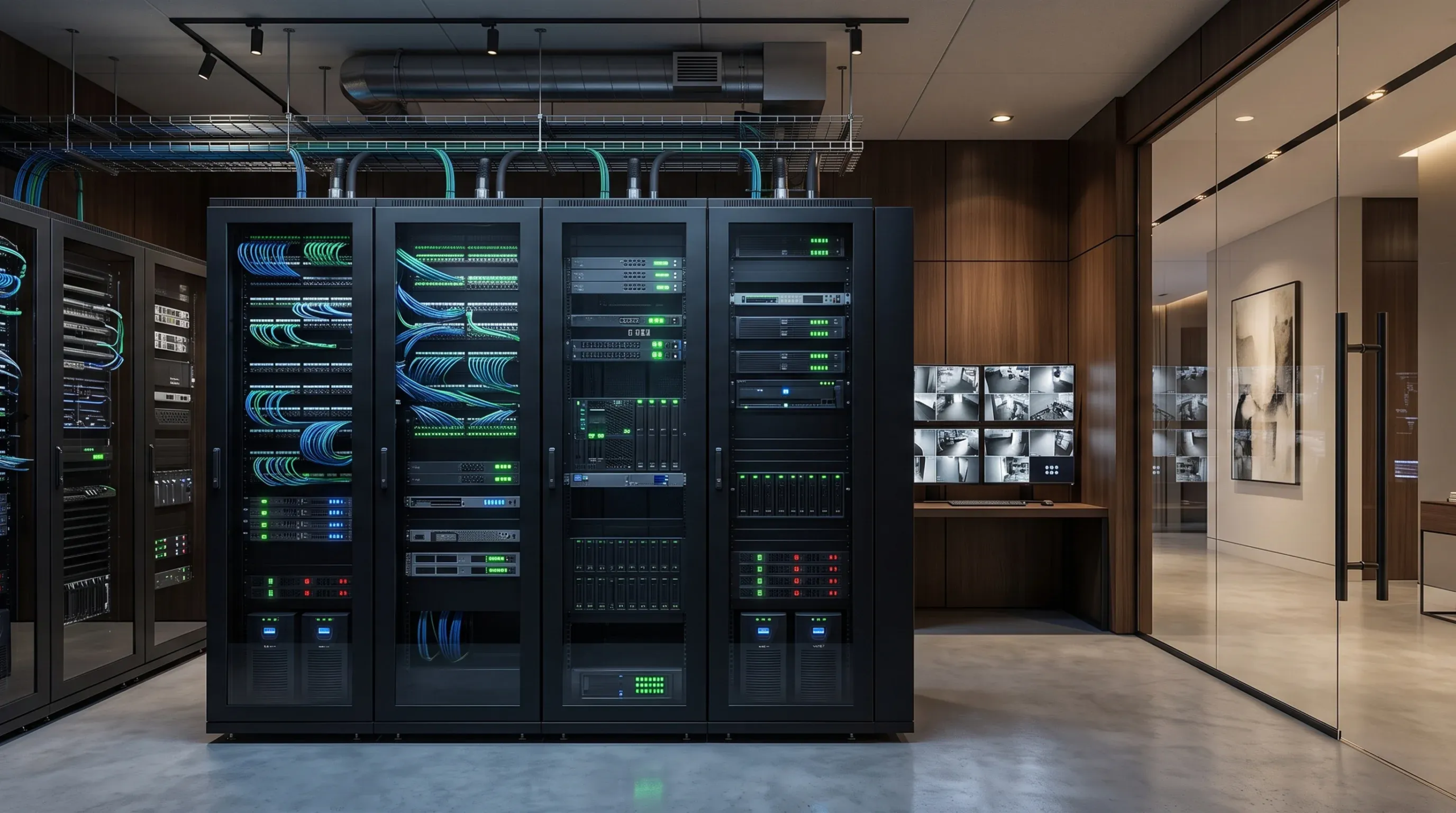 Sala de servidores de alta tecnología y centro de control de seguridad en una residencia de lujo moderna, con racks de servidores, cableado ethernet azul organizado y escritorio de monitoreo con múltiples monitores visible a través de una partición de vidrio, infraestructura tecnológica de RBA Residences en Zapopan.