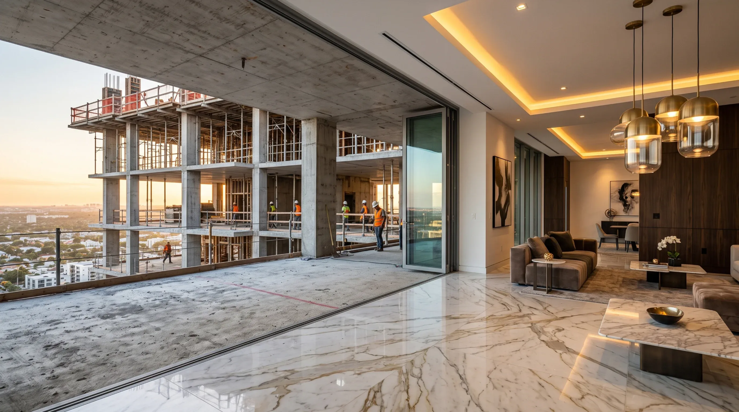 Interior de penthouse de lujo con pisos de mármol pulido y mobiliario moderno, junto a una terraza en desarrollo con vista a rascacielos en construcción al atardecer, proyectos urbanos de RBA Residences en Zapopan.