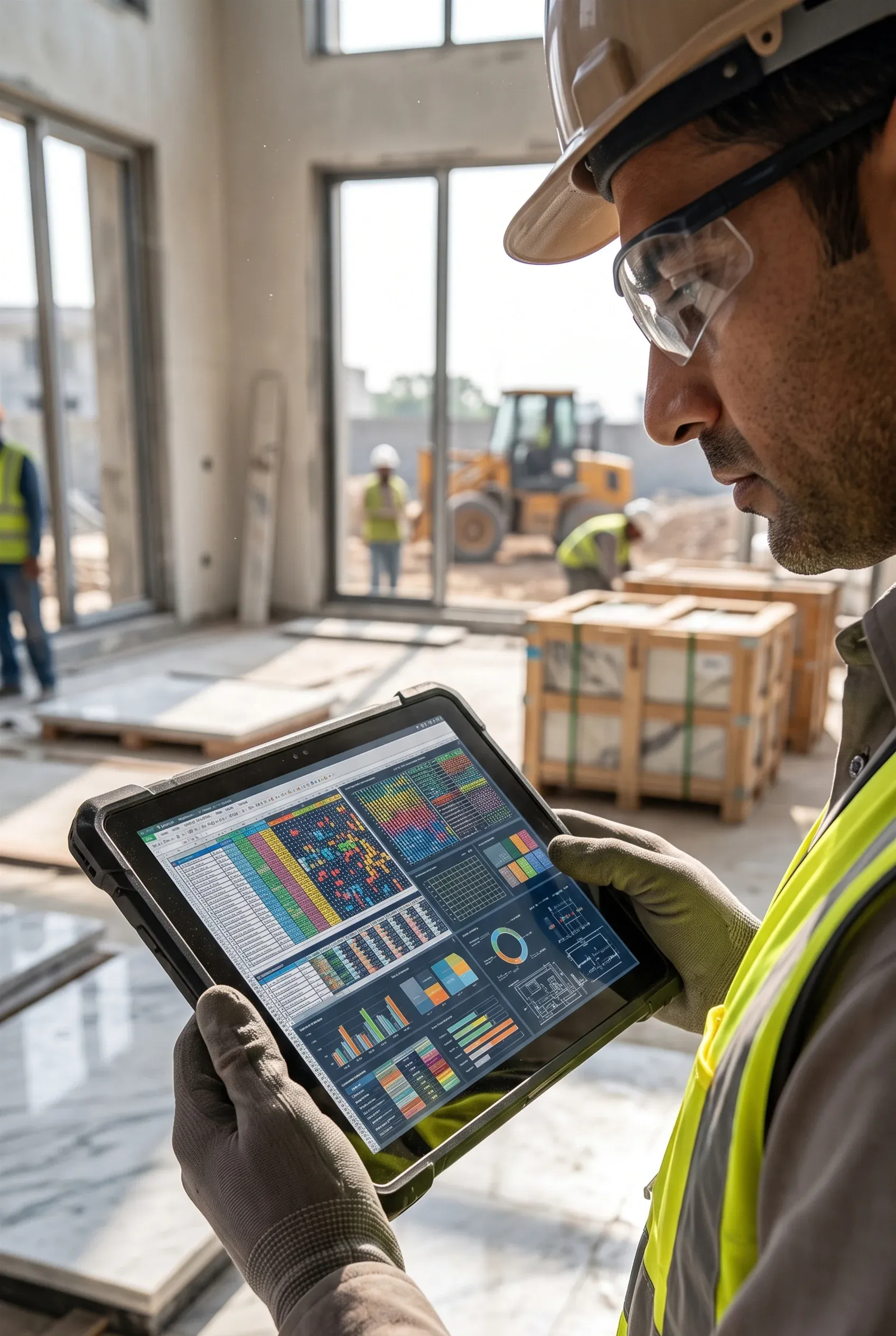 Ingeniero de obra con equipo de protección usando una tableta digital resistente para monitorear métricas de construcción y paneles de control dentro de un sitio de construcción, gestión digital de RBA Residences en Zapopan.