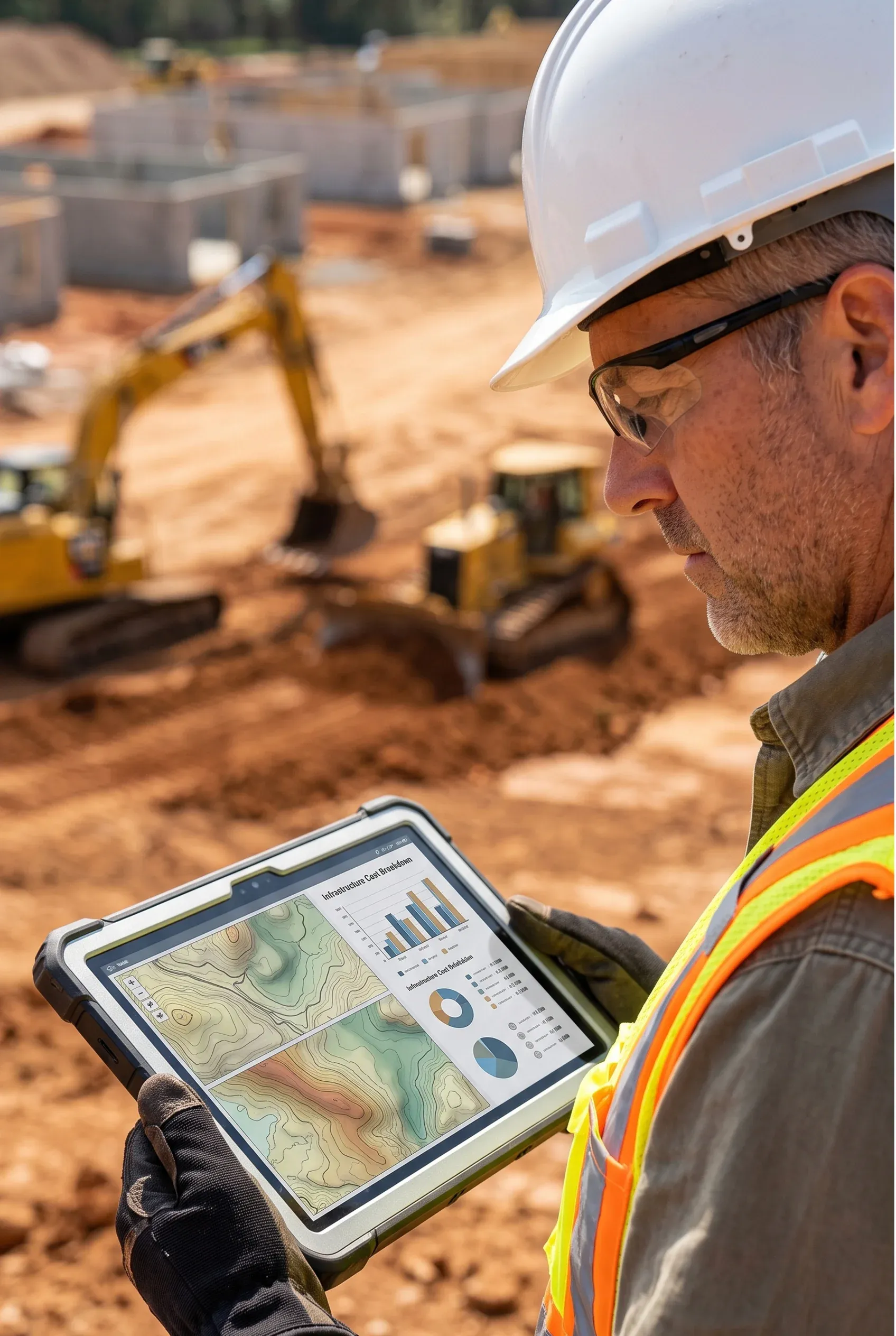Gerente de construcción con casco blanco, gafas de seguridad y chaleco de alta visibilidad usando una tableta digital resistente con mapas topográficos y análisis, con maquinaria pesada de movimiento de tierras activa al fondo, orquestación de obra de RBA Residences en Zapopan.