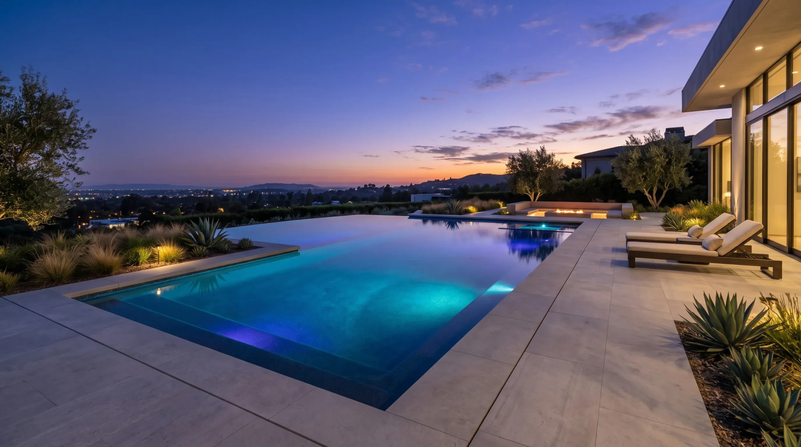 Alberca infinita moderna de lujo y terraza con vista panorámica al valle al atardecer, diseño de exteriores de RBA Residences en Zapopan.