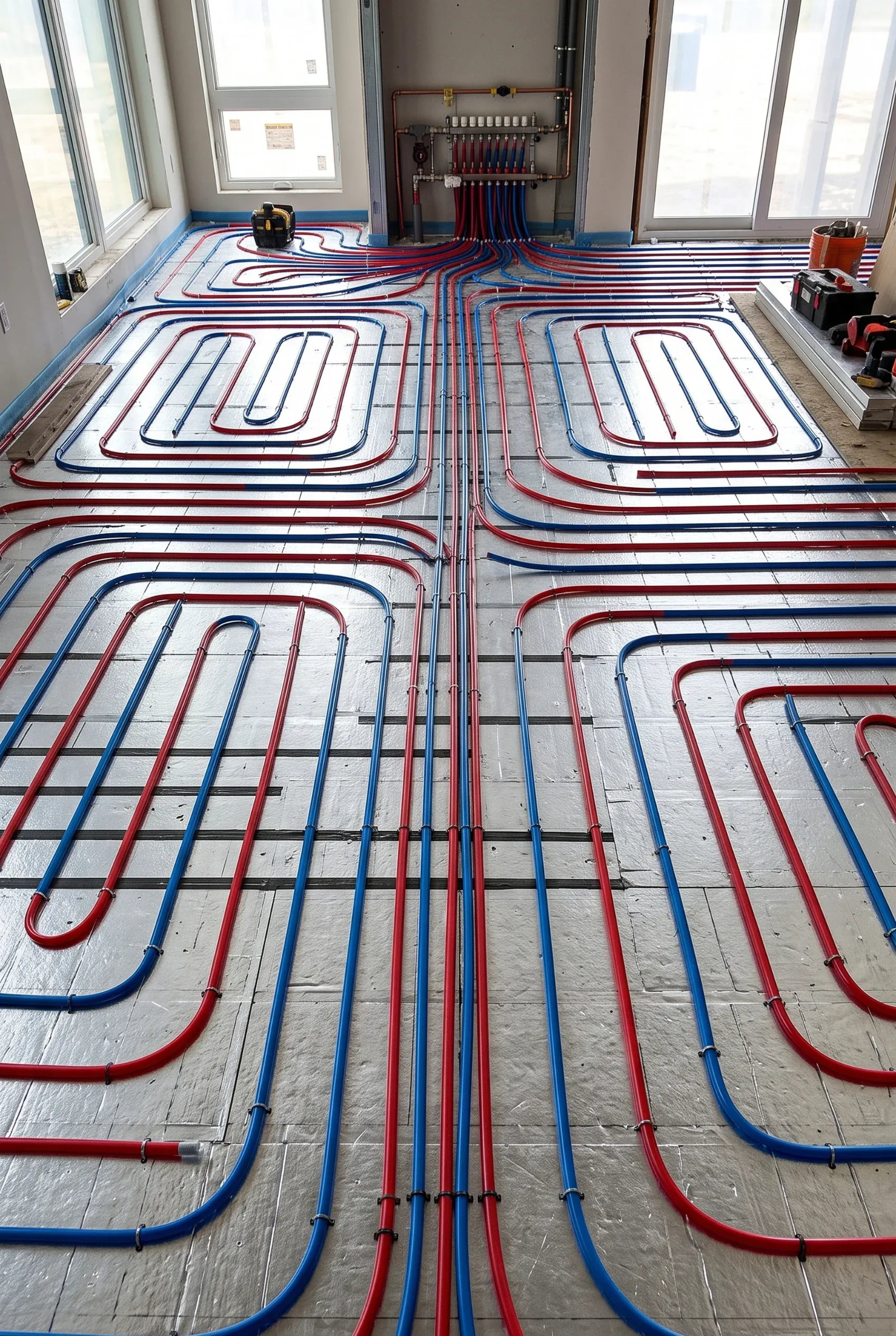 Instalación de piso radiante hidrónico con tubería PEX roja y azul conectada a un múltiple de pared, sistemas de confort de RBA Residences en Zapopan.