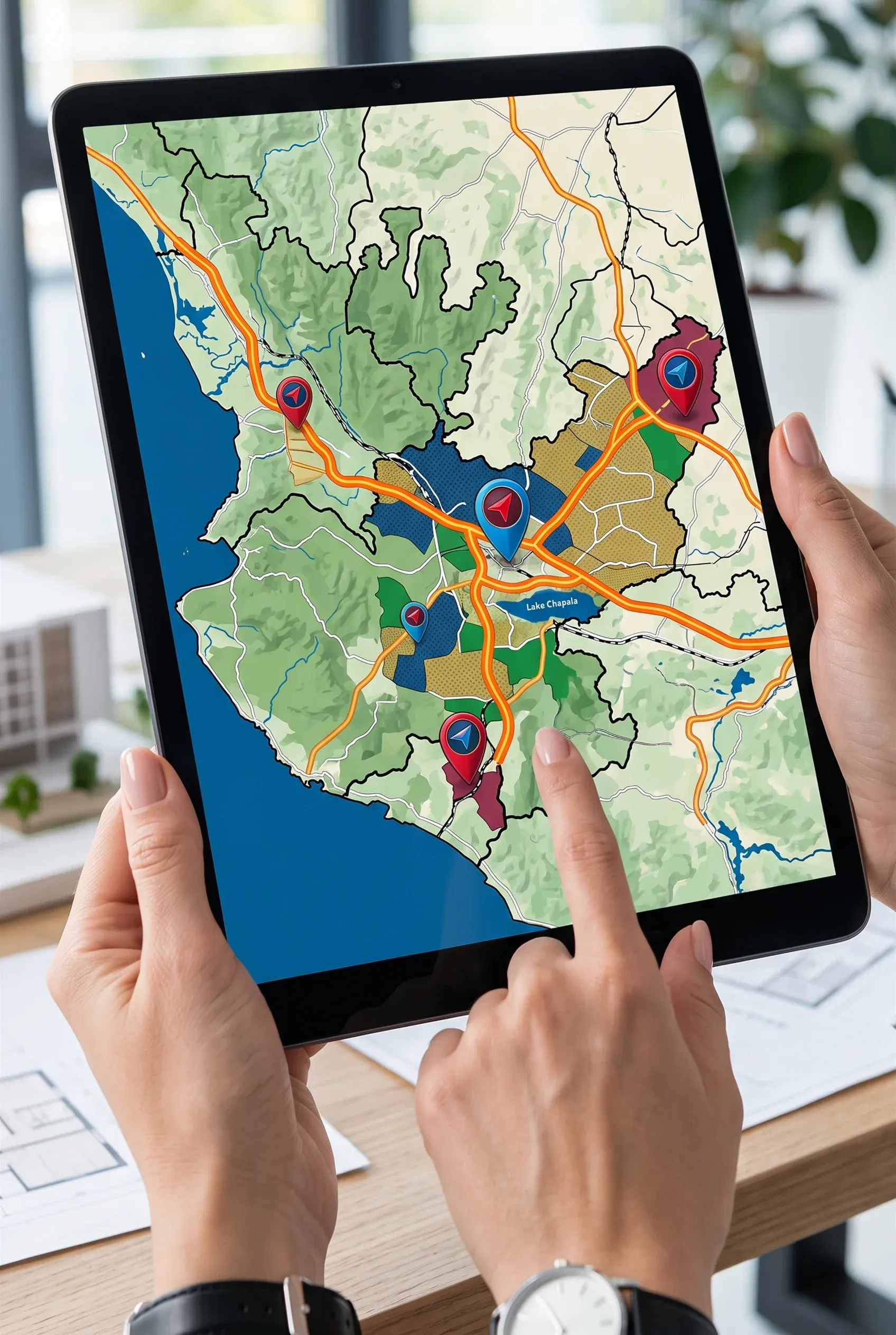 Persona sosteniendo una tableta con mapa geográfico interactivo mostrando límites de zonificación regional, redes viales principales y marcadores de ubicación rojos, inteligencia de ubicación de RBA Residences en Zapopan.