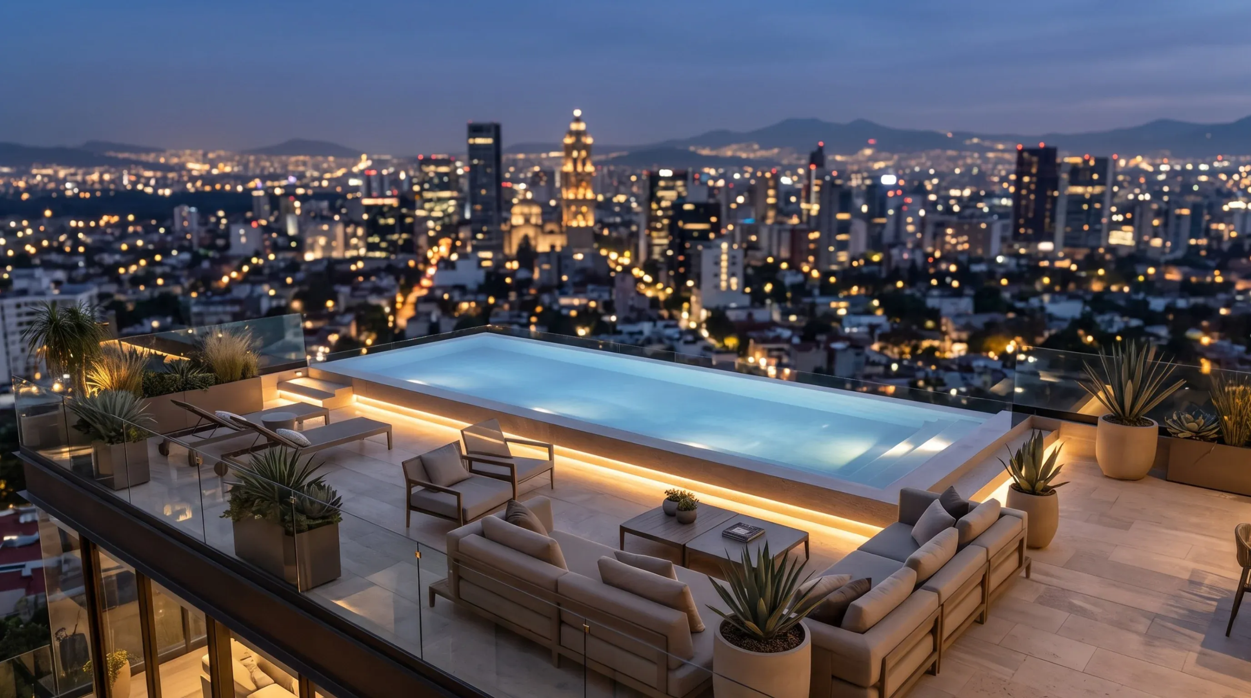 Terraza de lujo en azotea con alberca infinita iluminada, áreas de descanso y vista panorámica al horizonte urbano al atardecer, diseño de RBA Residences en Zapopan.