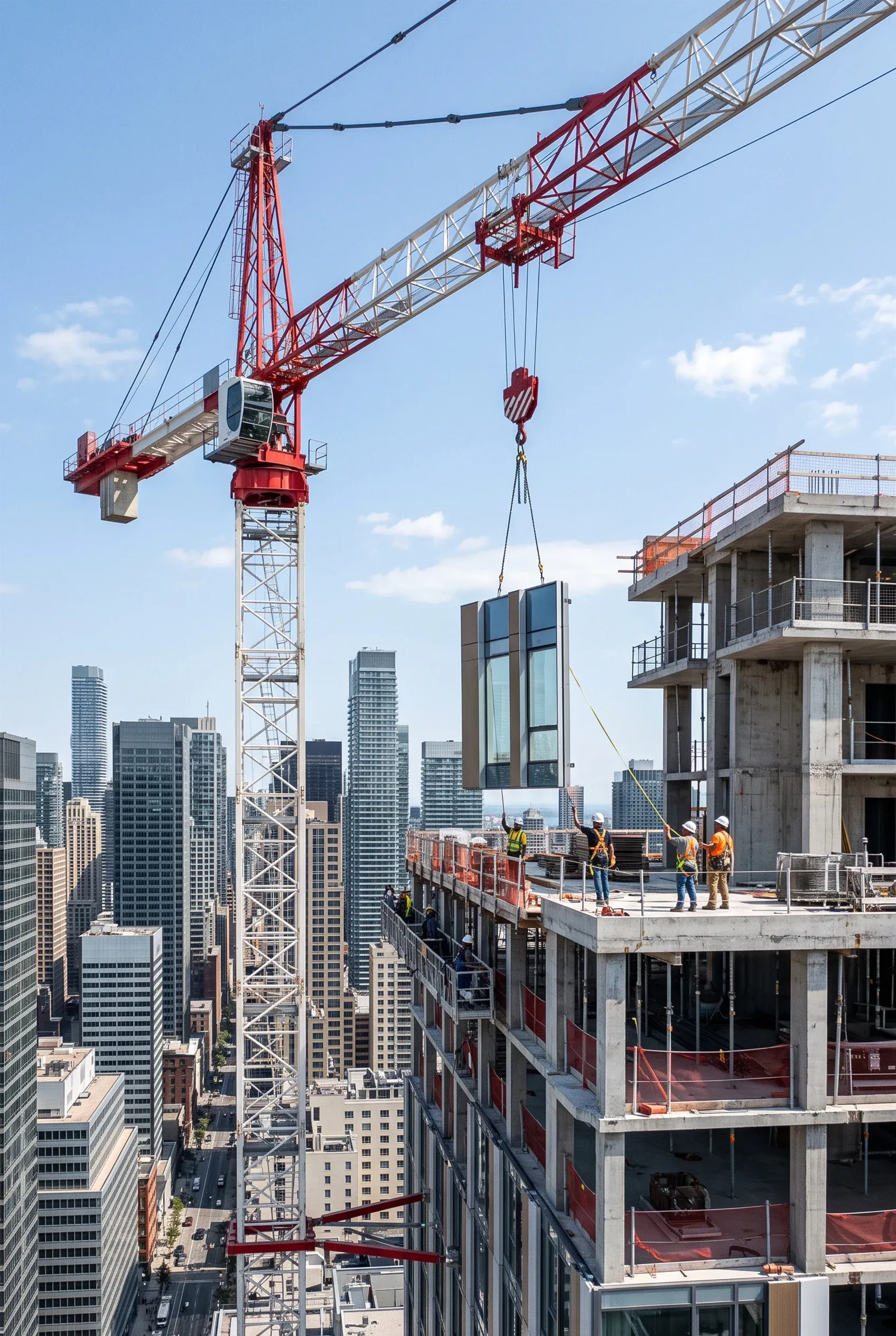 Grúa torre levantando un panel de muro de vidrio prefabricado hacia un piso superior de un edificio en construcción, instalación de fachadas de precisión de RBA Residences en Zapopan.