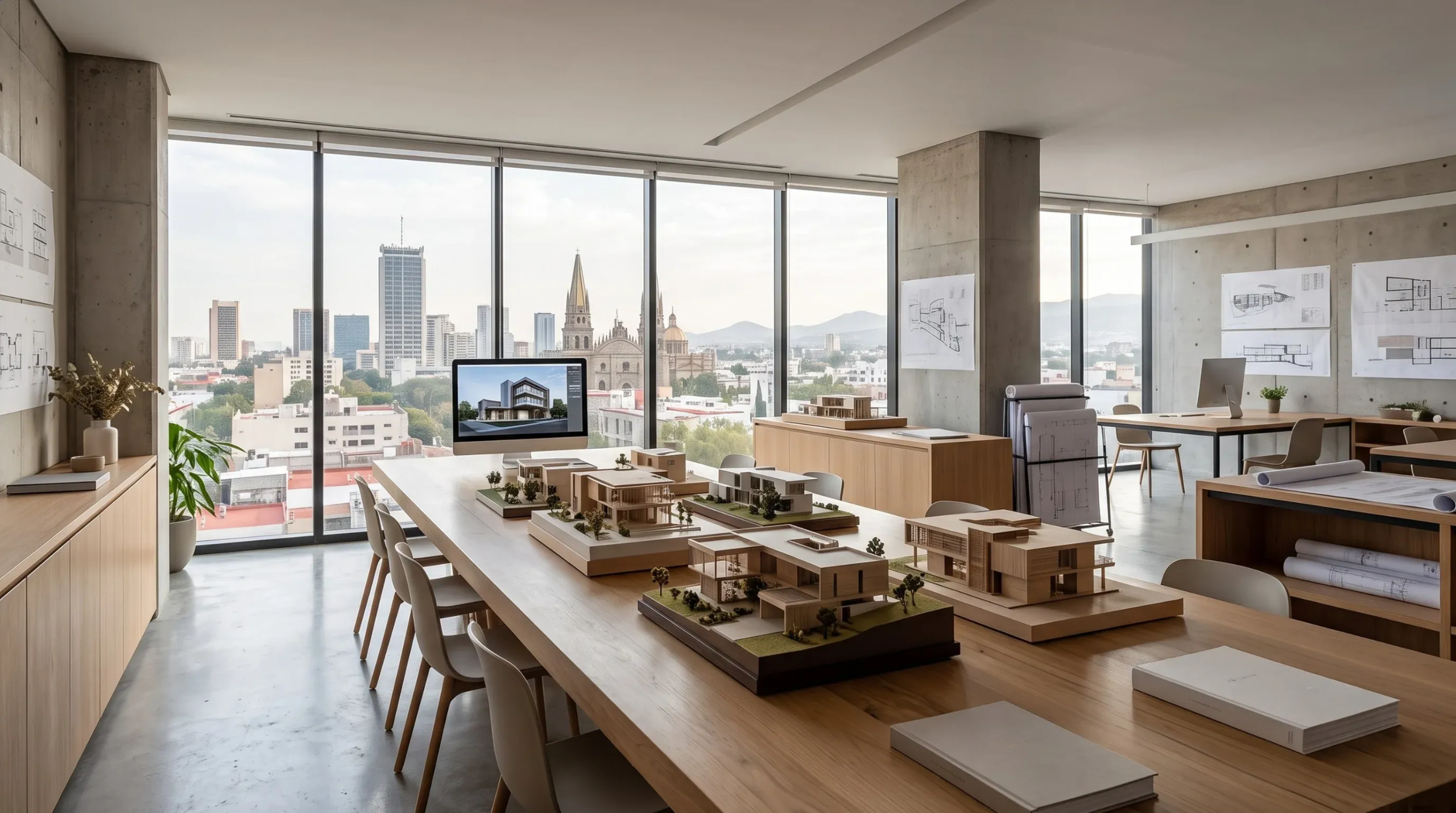 Oficina de arquitectura con mesas de madera, maquetas a escala y estaciones de trabajo digitales, fase de diseño de RBA Residences en Zapopan.