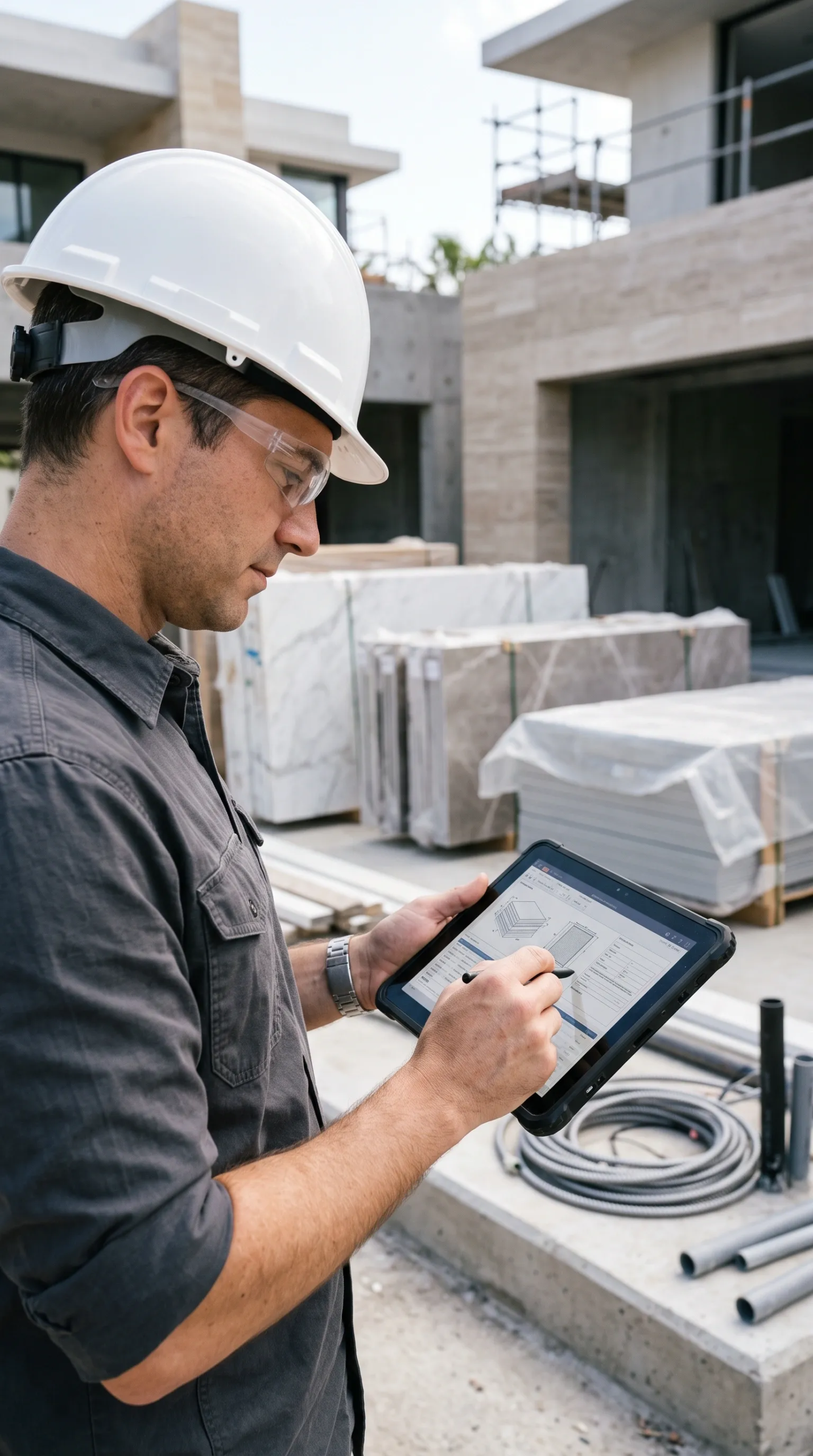 Gerente de obra o inspector con casco blanco y gafas de seguridad usando un lápiz óptico en una tableta resistente para cotejar especificaciones arquitectónicas, junto a cajas de losas de mármol premium y materiales de construcción fuera de una residencia de lujo moderna en construcción, control de materiales de RBA Residences en Zapopan.