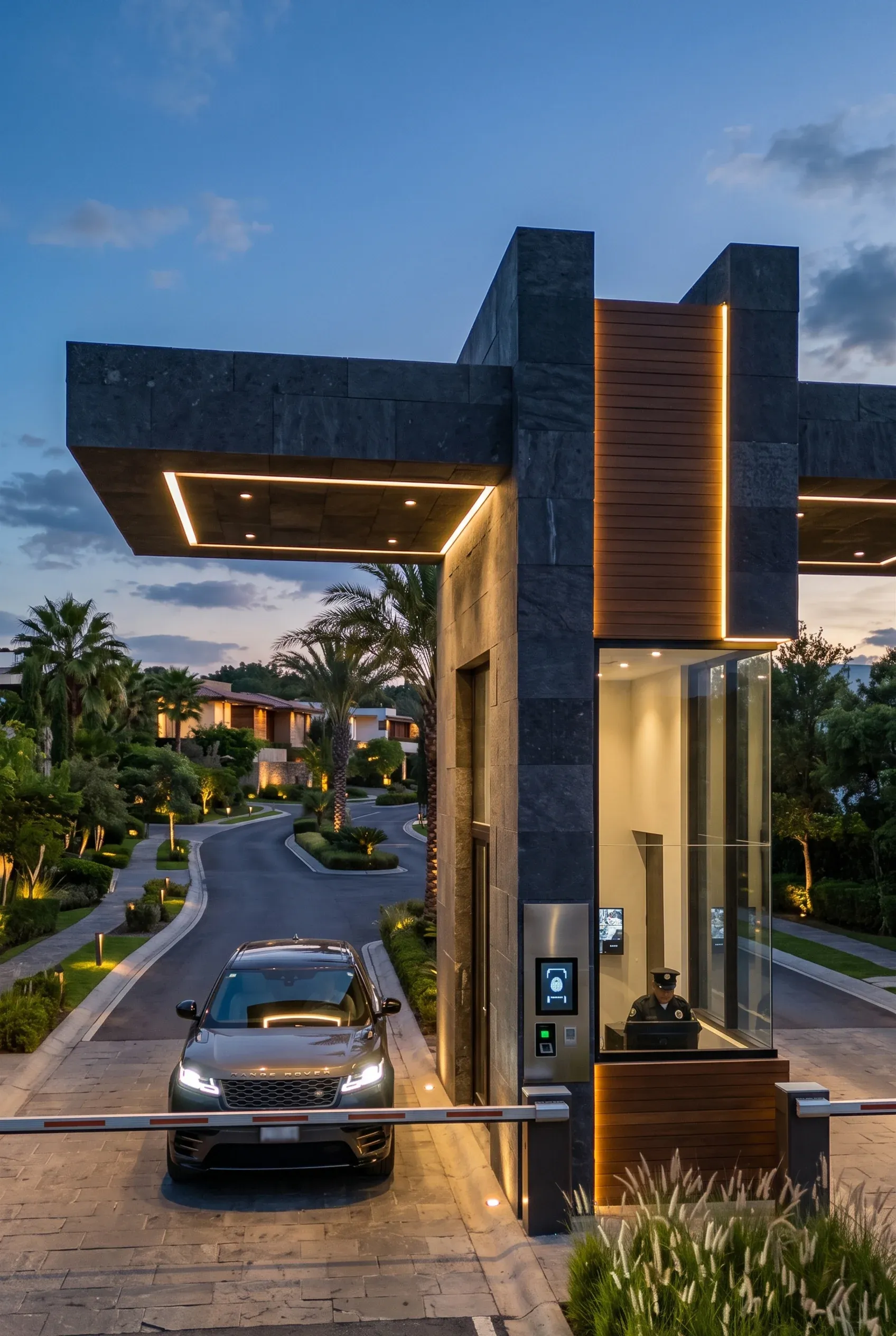 Entrada moderna de seguridad a comunidad residencial de lujo al atardecer, con pilares de piedra oscura, paneles de madera con iluminación, caseta de vidrio y una SUV en la barrera, diseño nocturno de RBA Residences en Zapopan.