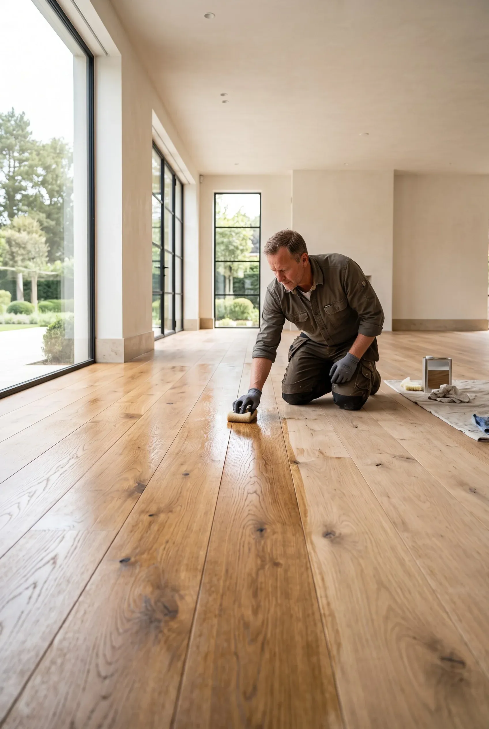 Artesano aplicando aceite protector a pisos de madera moderna en una residencia, acabados interiores de RBA Residences en Zapopan.
