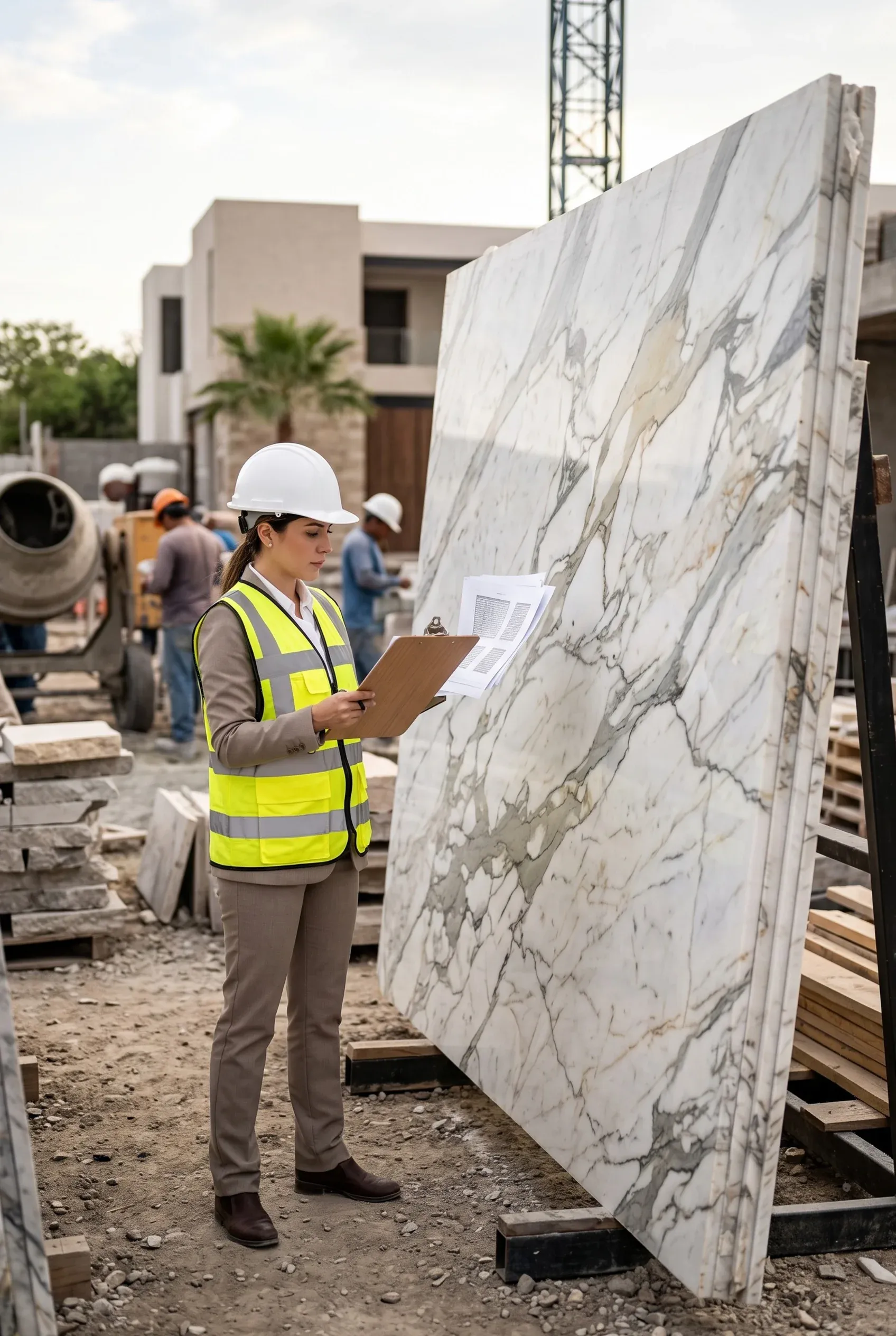Inspector de obra revisando losas de mármol premium en un sitio de construcción al aire libre, control de calidad de RBA Residences en Zapopan.