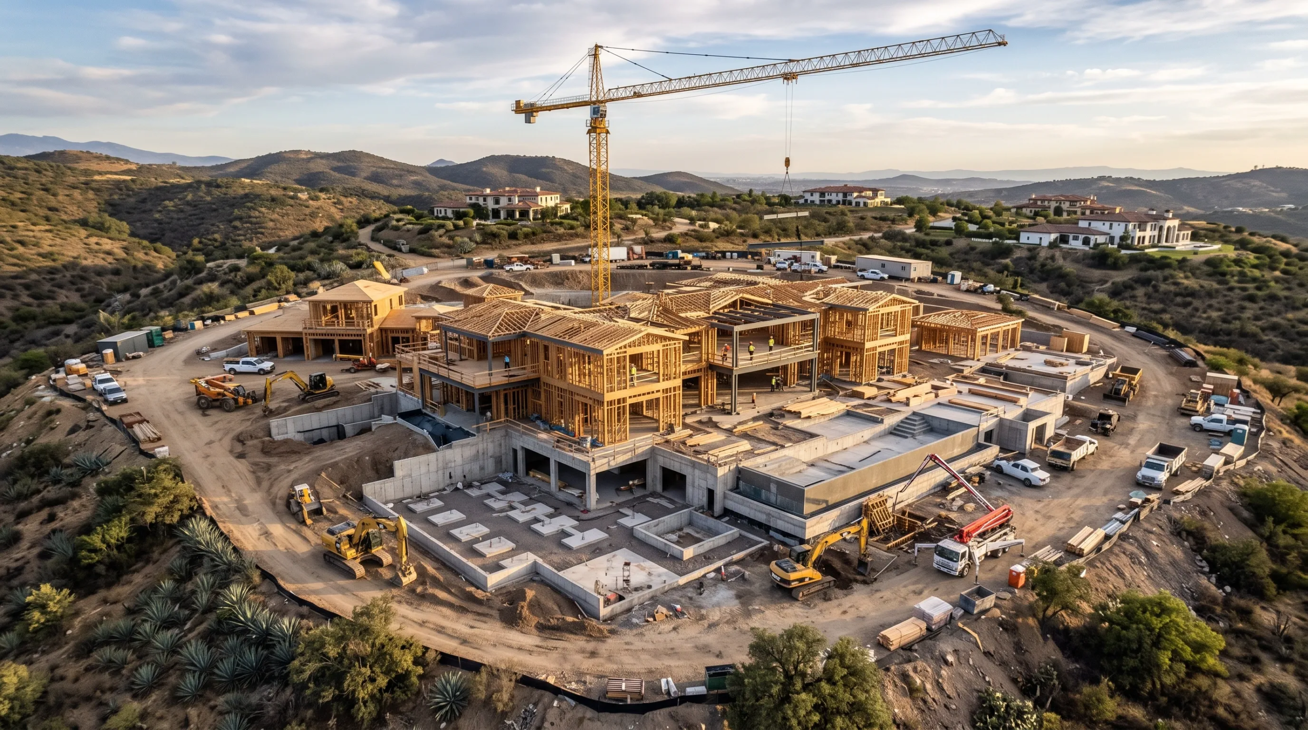 Vista aérea de construcción de una exclusiva hacienda en ladera con muros de cimentación, estructura mixta de madera y acero, grúa torre y maquinaria pesada, ejecución de megaproyectos de RBA Residences en Zapopan.
