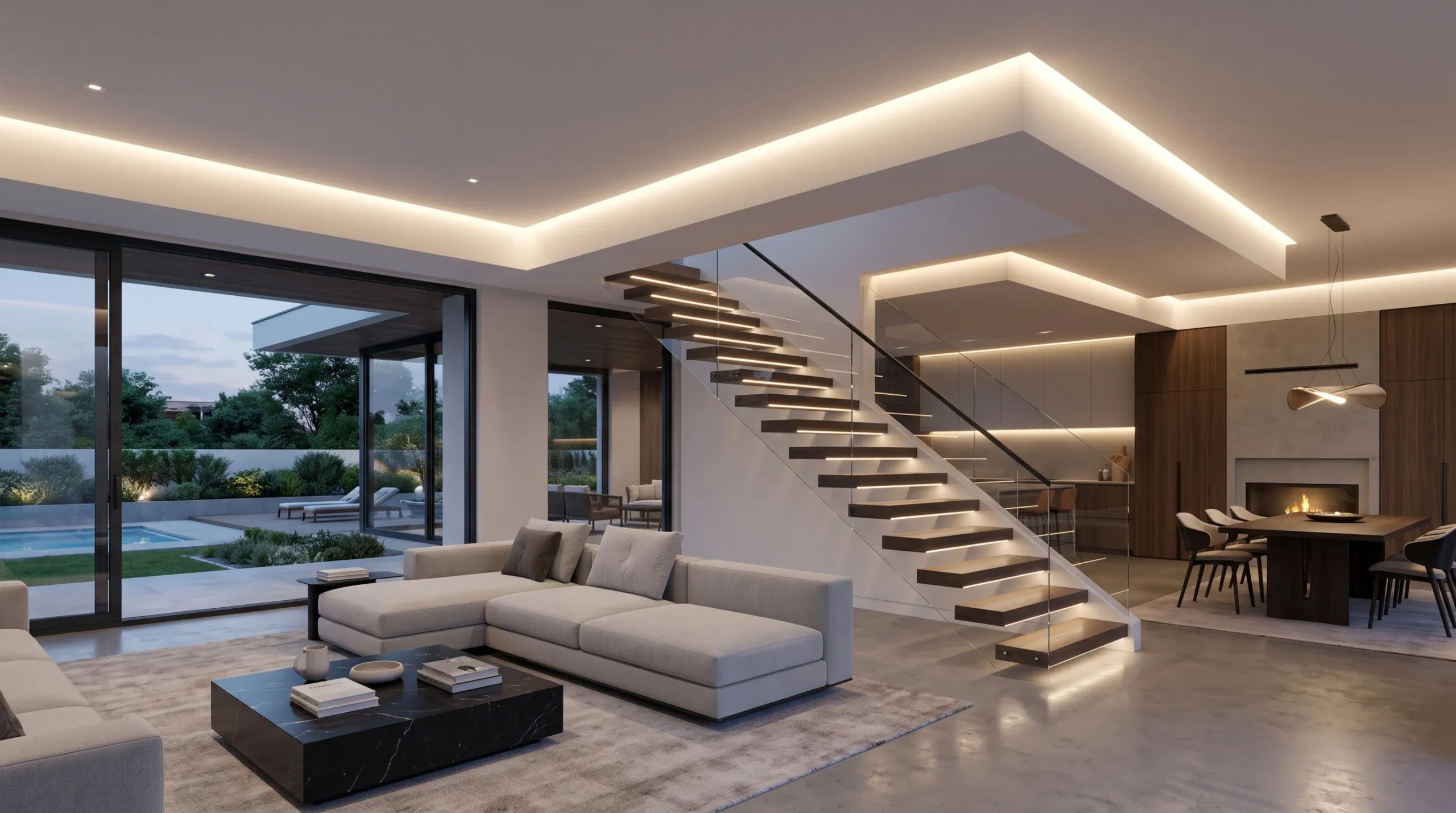 Sala de estar moderna de lujo con escaleras flotantes de madera con iluminación integrada, barandal de vidrio, iluminación perimetral en techo y grandes puertas corredizas hacia patio y alberca, diseño lumínico de RBA Residences en Zapopan.