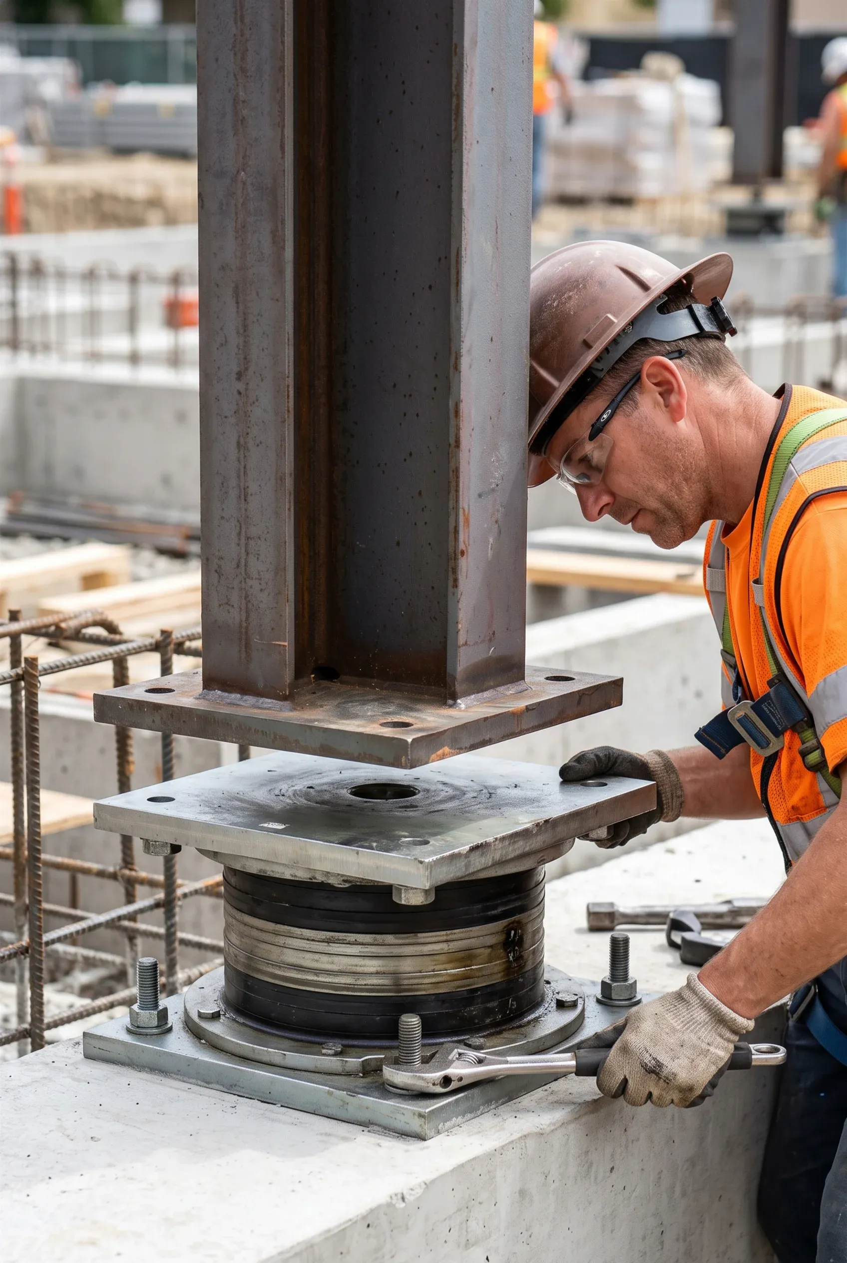 Trabajador con casco marrón, gafas de seguridad y chaleco reflectante usando una llave ajustable para instalar un aislador sísmico bajo una columna de acero estructural en una cimentación de concreto, ingeniería antisísmica de RBA Residences en Zapopan.
