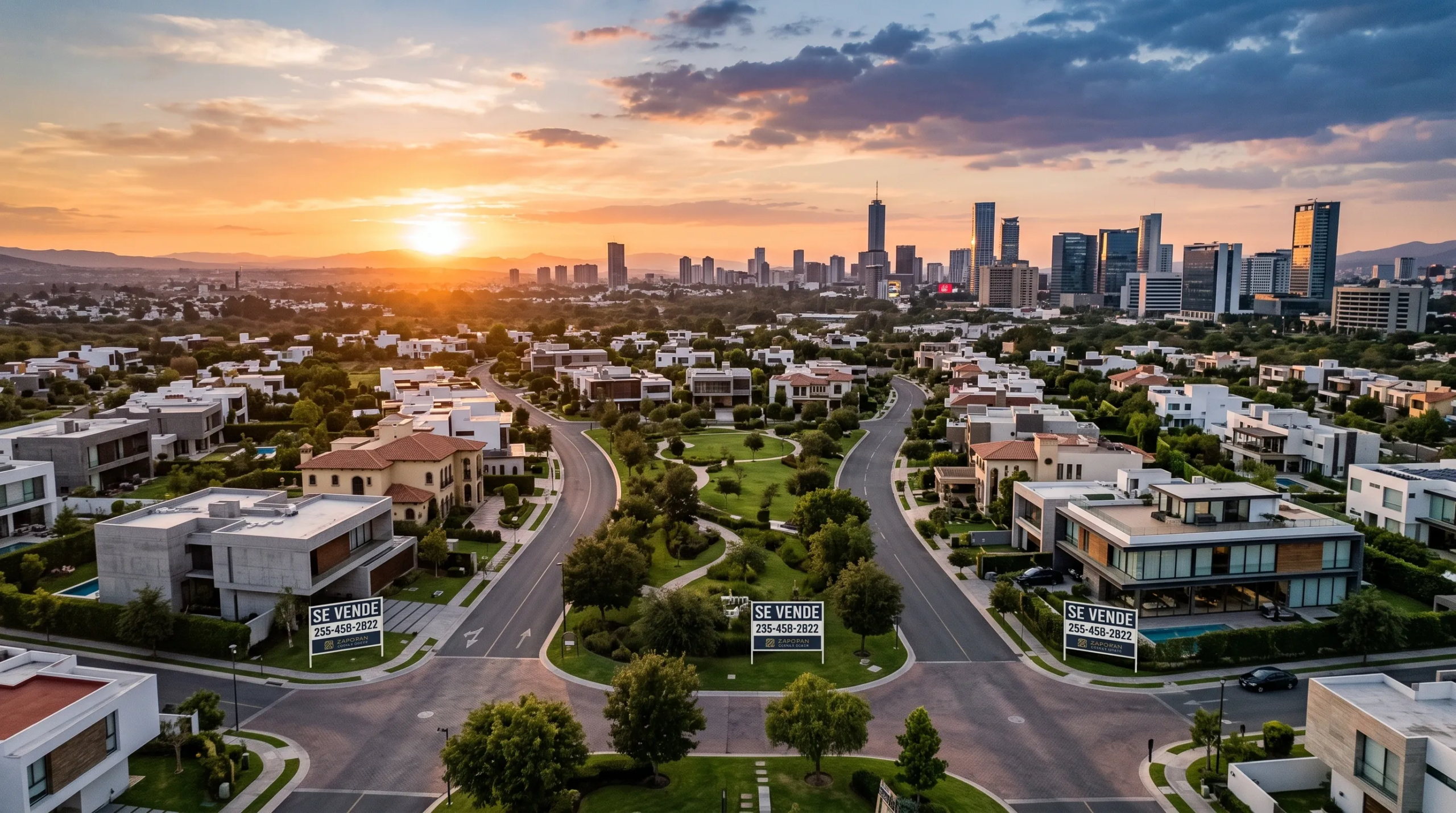 Vista a&eacute;rea de vecindario residencial de lujo con casas modernas, letreros de "SE VENDE", parques verdes y calles amplias, con horizonte urbano al atardecer, oportunidades exclusivas de RBA Residences en Zapopan.