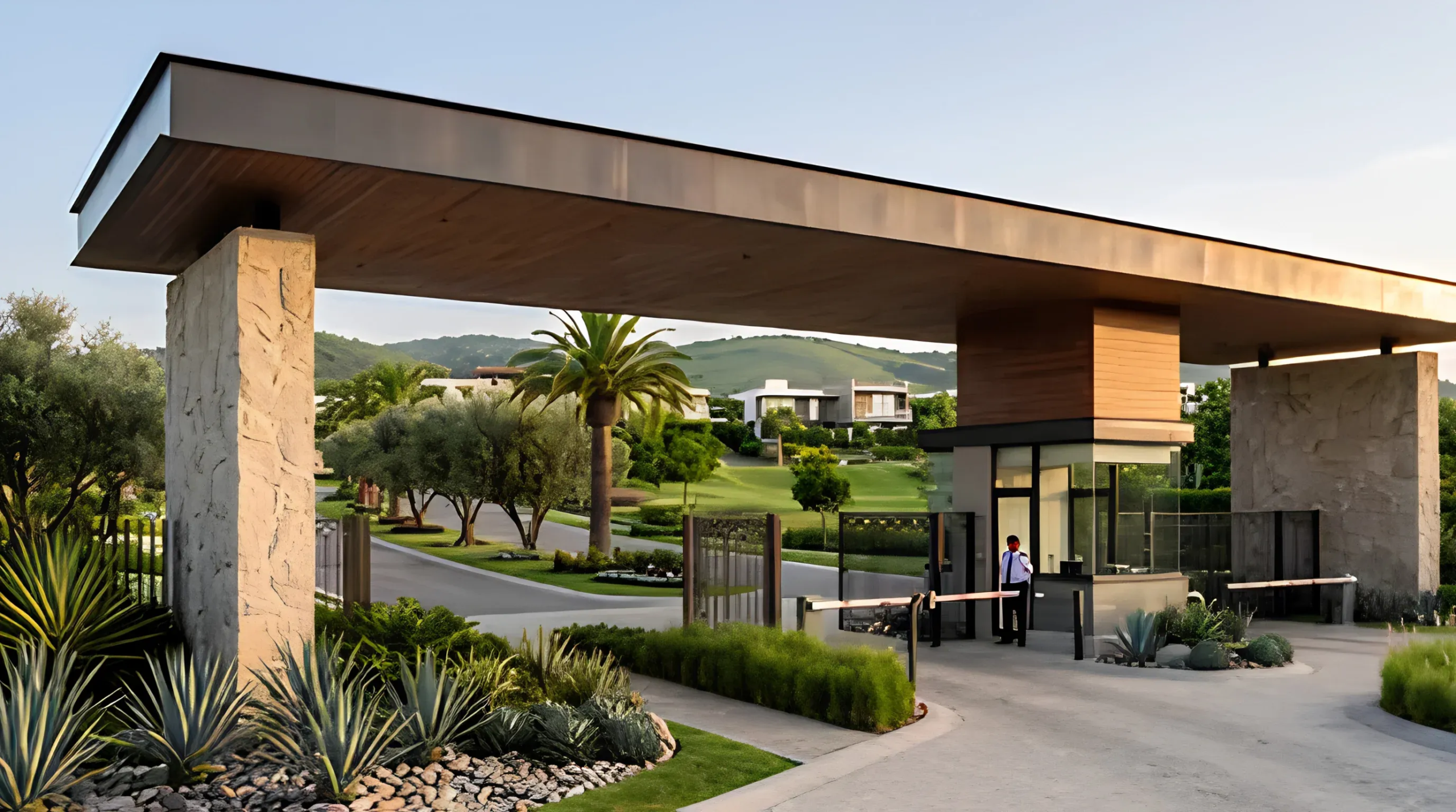 Vista aérea de paisaje urbano planificado con villas residenciales de lujo y albercas privadas junto a un parque verde exuberante, enmarcado por el horizonte de un distrito financiero moderno bajo luz dorada, ubicación privilegiada de RBA Residences en Zapopan.