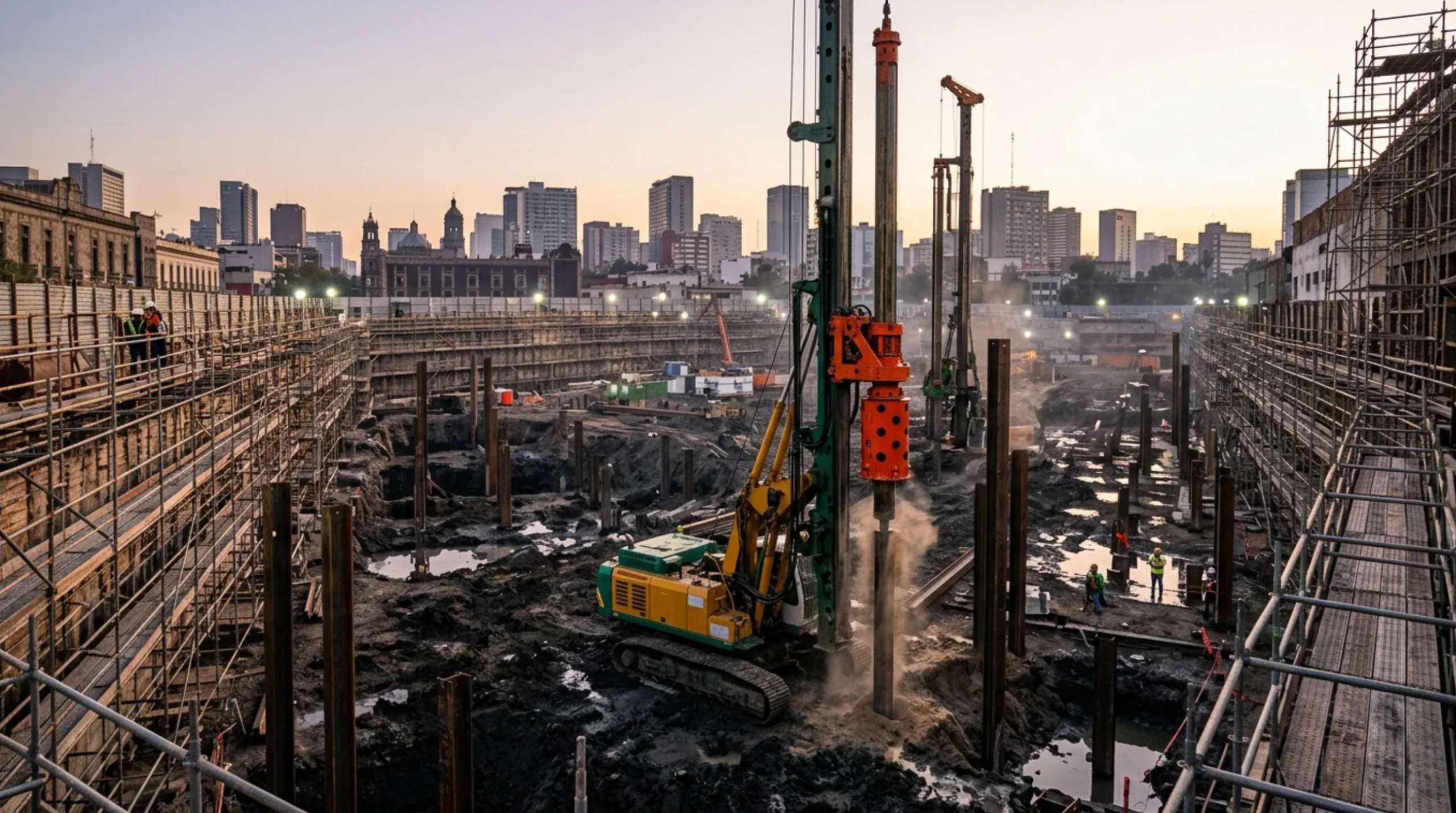 Perforadoras pesadas trabajando en una gran excavación con andamios y pilotes de cimentación en un sitio de construcción urbano, ingeniería de cimentación de RBA Residences en Zapopan.
