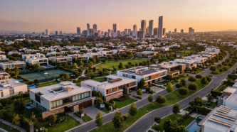 Vista aérea de comunidad residencial de lujo con casas modernas blancas, canchas de tenis y áreas verdes, con horizonte urbano al atardecer, estilo de vida activo de RBA Residences en Zapopan.