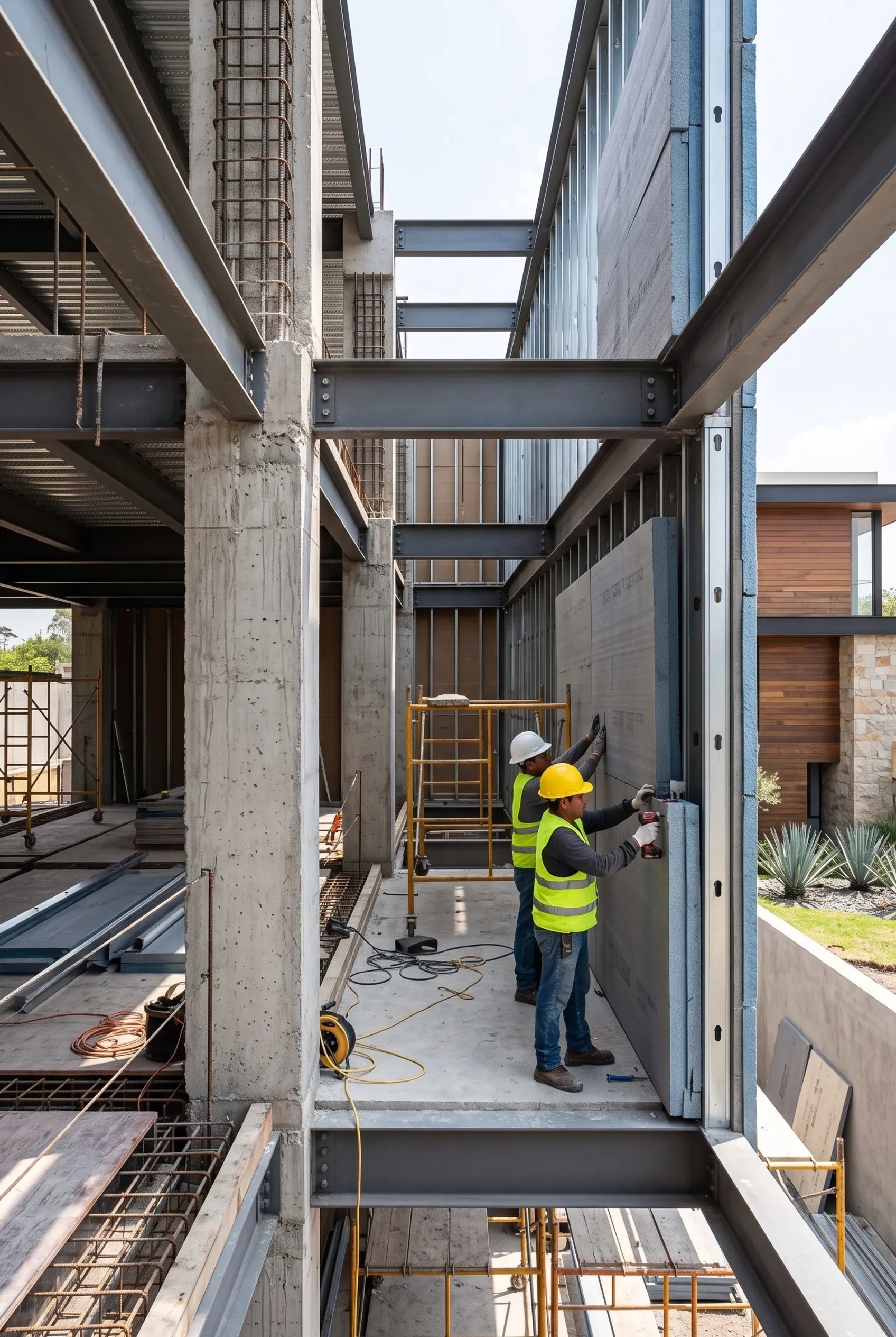 Trabajadores instalando paneles de aislamiento térmico exterior en una estructura de acero, construcción de alto rendimiento de RBA Residences en Zapopan.
