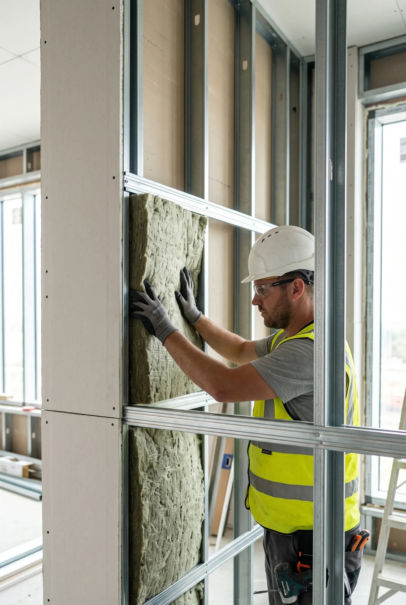 Trabajador de la construcción con casco blanco, gafas de protección y chaleco de alta visibilidad instalando aislamiento de lana mineral entre montantes metálicos durante el enmarcado de muros interiores, confort acústico de RBA Residences en Zapopan.