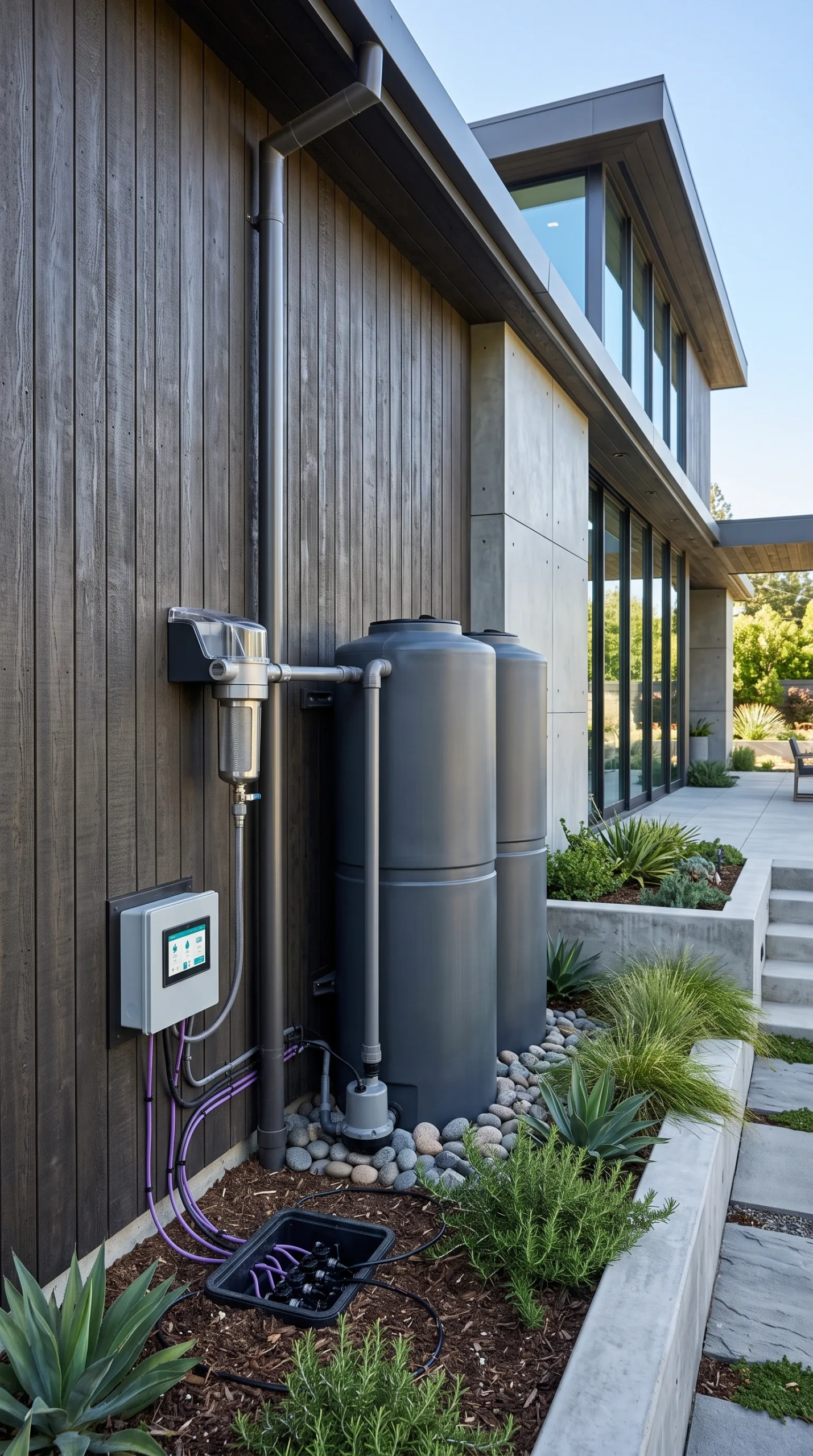 Vista exterior de residencia de lujo ecológica moderna con sistema de captación pluvial y filtración de aguas grises, tanques verticales oscuros, panel de control automatizado y riego por goteo en jardines, gestión hídrica de RBA Residences en Zapopan.